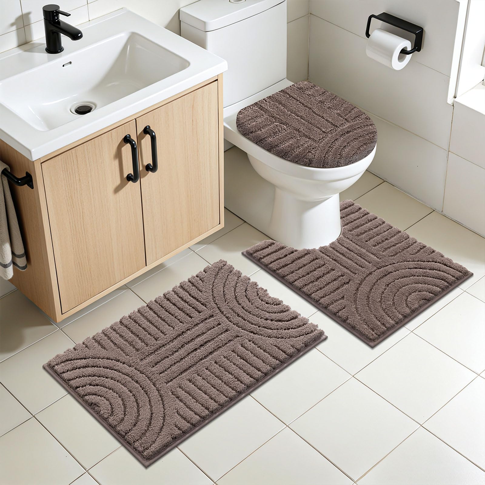 SHACOS Bathroom Rugs Sets 5 Piece Ultra Soft Absorbent Microfiber Bath Mat with Bath Runner, U Shape Contour Rug, Toilet Lid Cover, Non Slip Machine Washable Carpet for Bathroom, Bedroom, Coffee - Image 8