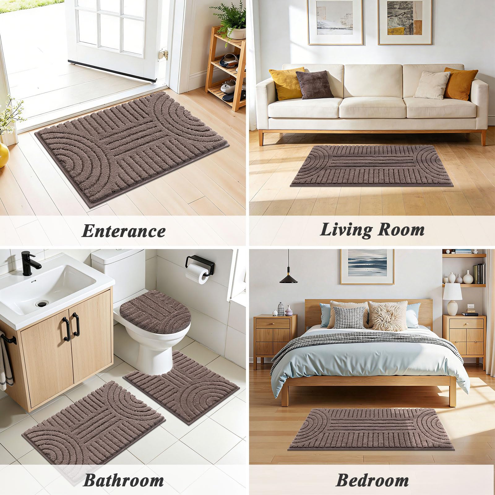 SHACOS Bathroom Rugs Sets 5 Piece Ultra Soft Absorbent Microfiber Bath Mat with Bath Runner, U Shape Contour Rug, Toilet Lid Cover, Non Slip Machine Washable Carpet for Bathroom, Bedroom, Coffee - Image 9