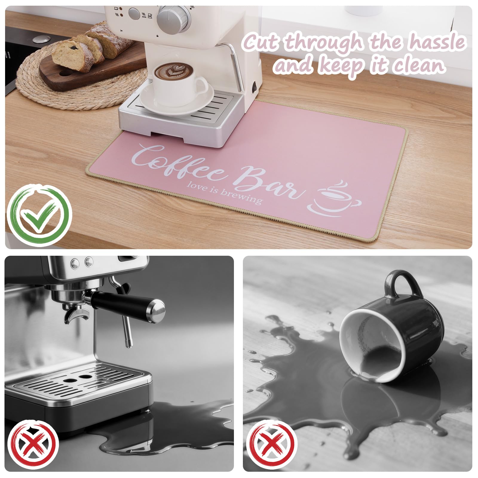 SHACOS Coffee Mat 2 Pack 12x19 Inch Absorbent Non Slip Rubber Bar Accessories Coffee Maker Mat for Countertop Dish Drying Mat Heat Resistant, Pink - Image 4