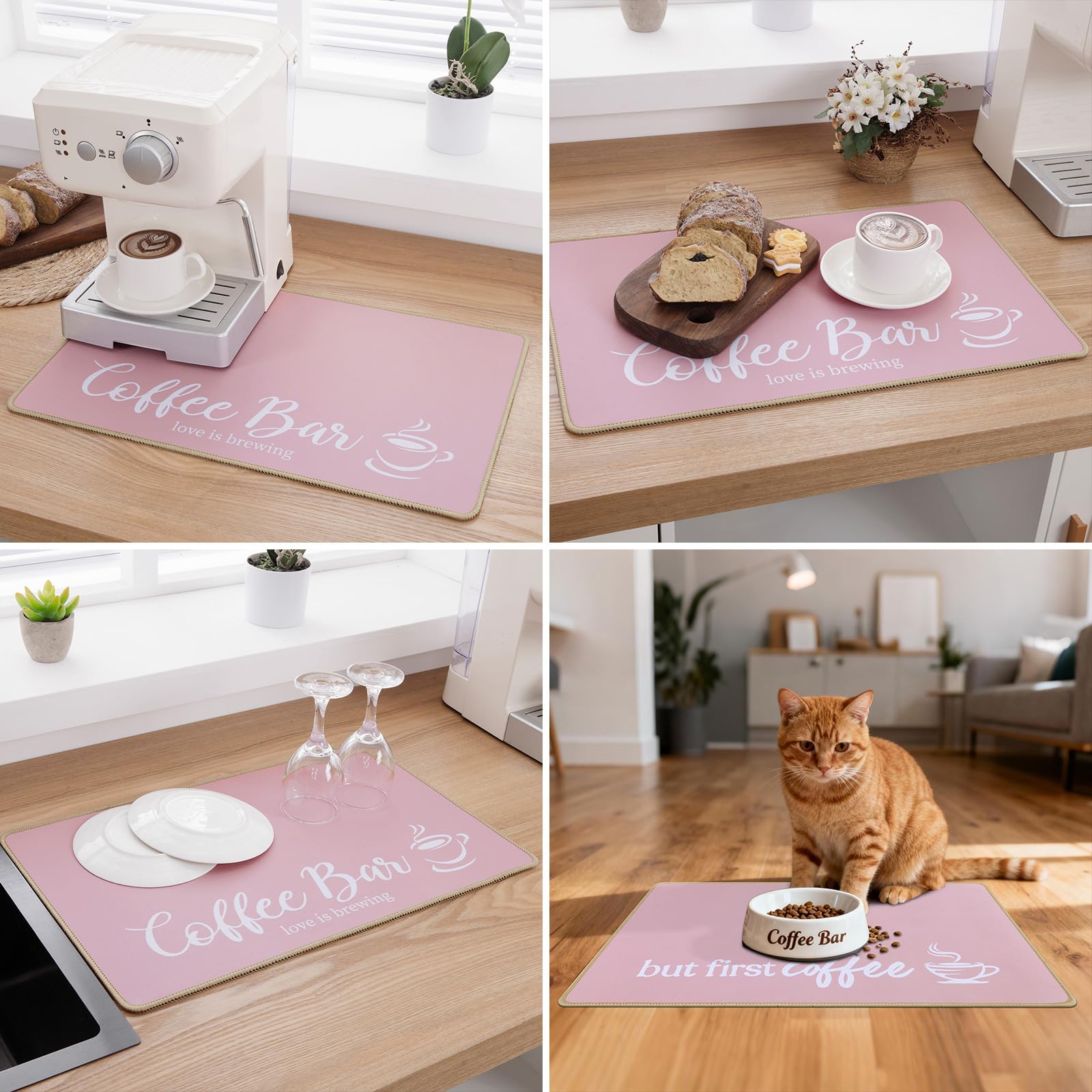 SHACOS Coffee Mat 2 Pack 12x19 Inch Absorbent Non Slip Rubber Bar Accessories Coffee Maker Mat for Countertop Dish Drying Mat Heat Resistant, Pink - Image 5