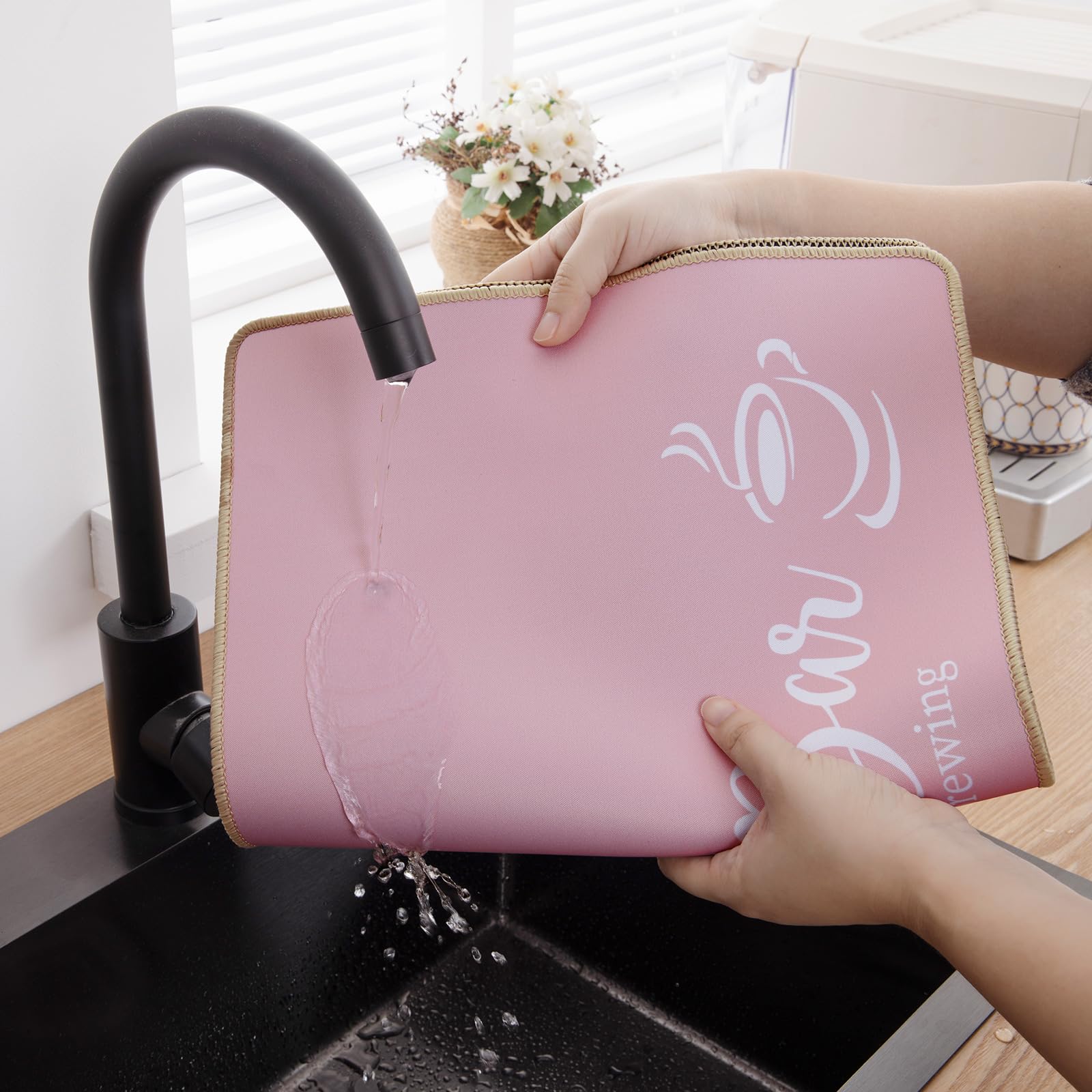 SHACOS Coffee Mat 2 Pack 12x19 Inch Absorbent Non Slip Rubber Bar Accessories Coffee Maker Mat for Countertop Dish Drying Mat Heat Resistant, Pink - Image 8