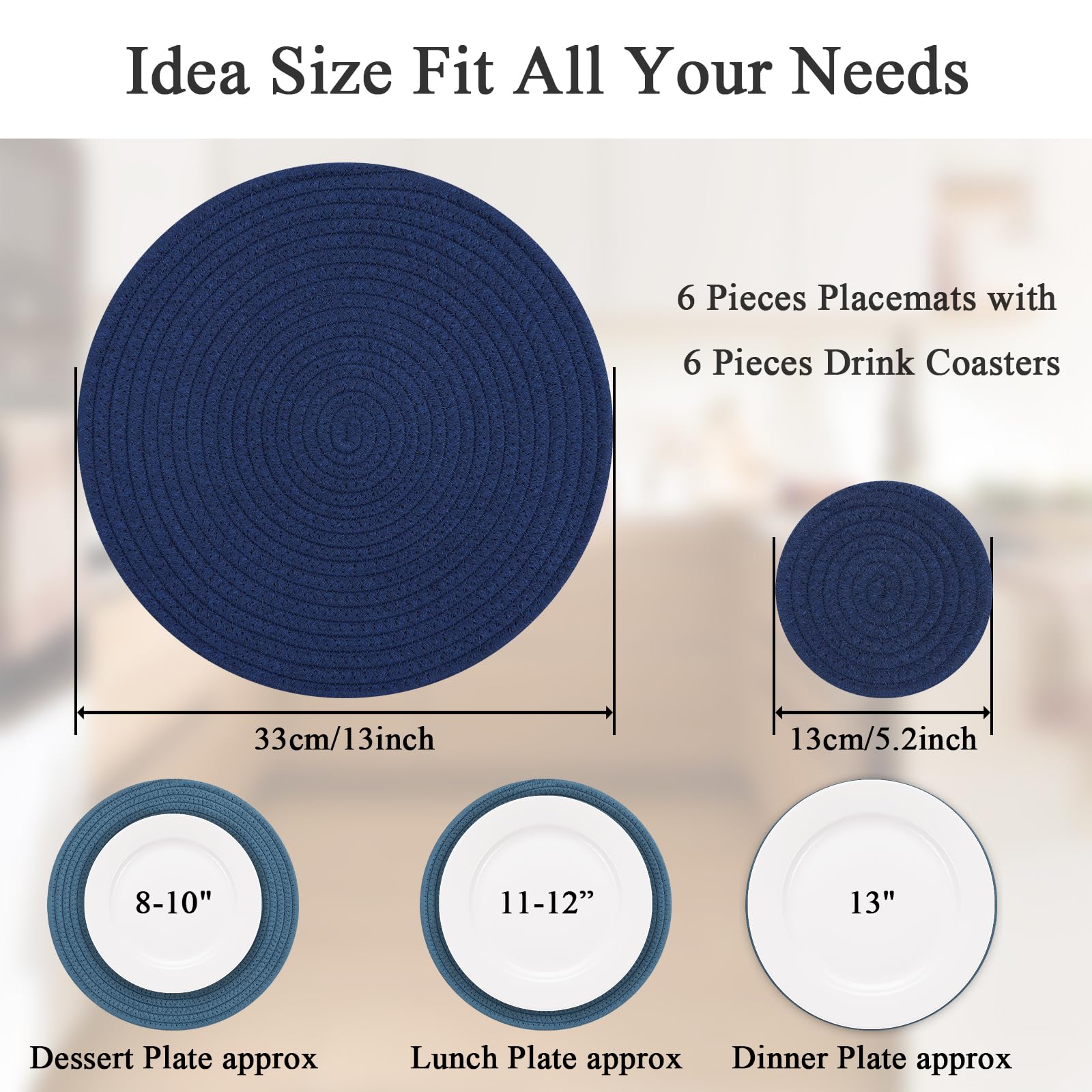 SHACOS Cotton Rope Woven Round Placemats Set of 6 with Coasters, 13 Inch Kitchen Table Place Mats and 5.2 Inch Drink Coasters for Kitchen Dining Table Decorations Trivets Hot Dishes (Blue) - Image 3