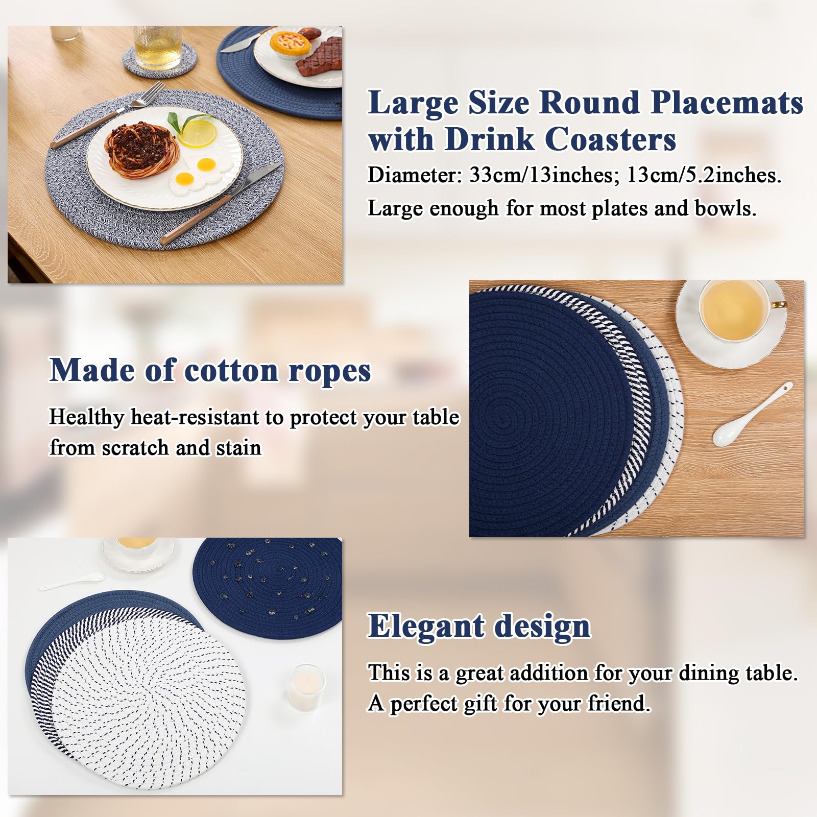 SHACOS Cotton Rope Woven Round Placemats Set of 6 with Coasters, 13 Inch Kitchen Table Place Mats and 5.2 Inch Drink Coasters for Kitchen Dining Table Decorations Trivets Hot Dishes (Blue) - Image 4