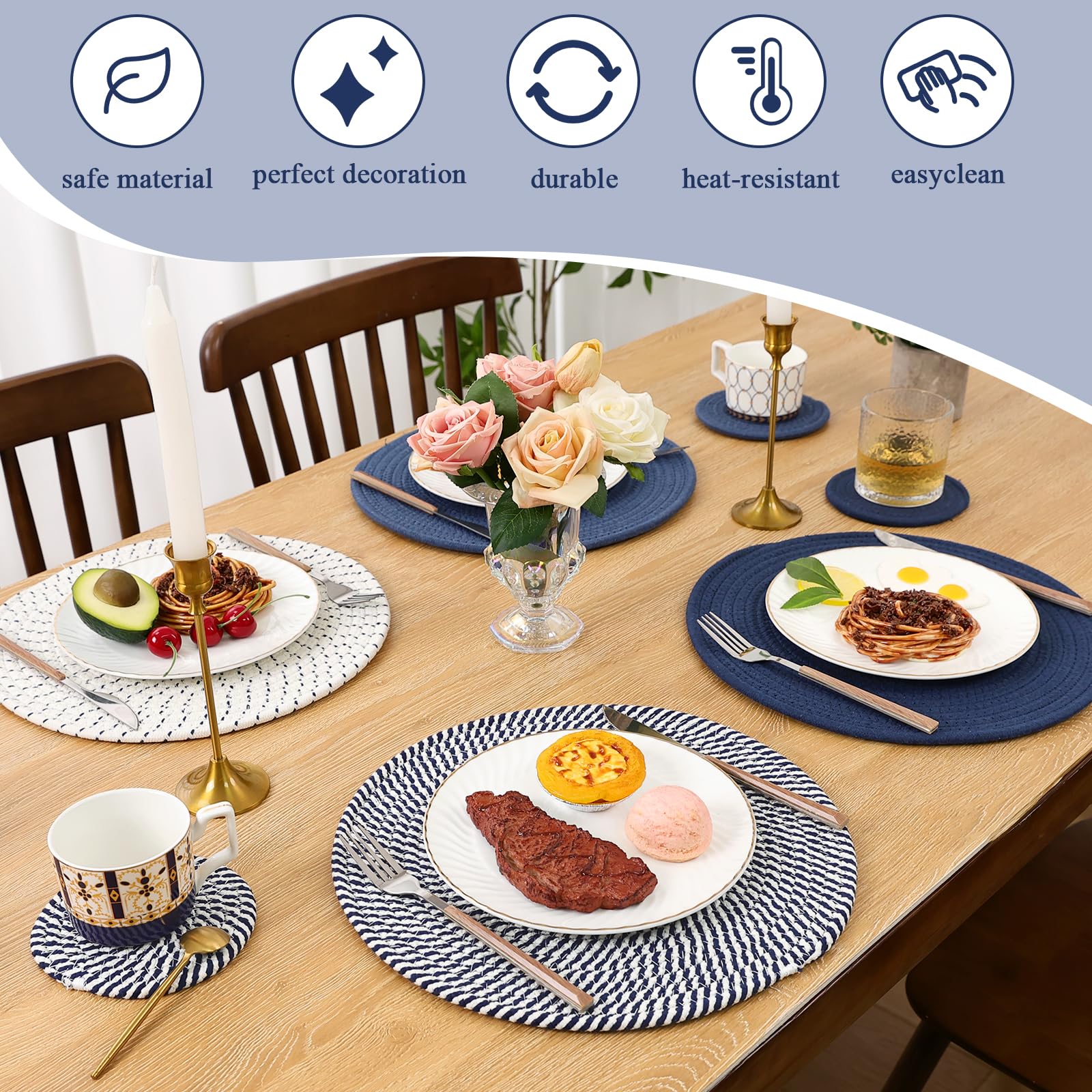 SHACOS Cotton Rope Woven Round Placemats Set of 6 with Coasters, 13 Inch Kitchen Table Place Mats and 5.2 Inch Drink Coasters for Kitchen Dining Table Decorations Trivets Hot Dishes (Blue) - Image 5