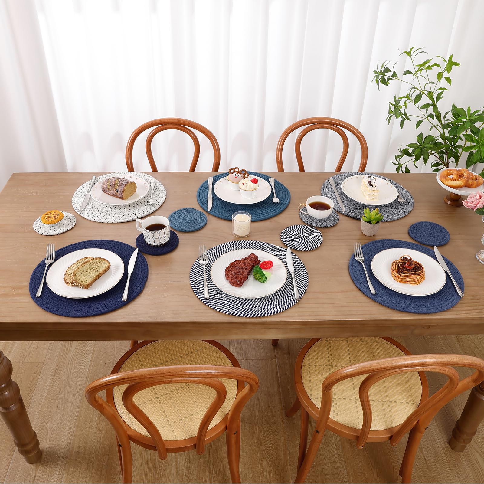 SHACOS Cotton Rope Woven Round Placemats Set of 6 with Coasters, 13 Inch Kitchen Table Place Mats and 5.2 Inch Drink Coasters for Kitchen Dining Table Decorations Trivets Hot Dishes (Blue) - Image 6