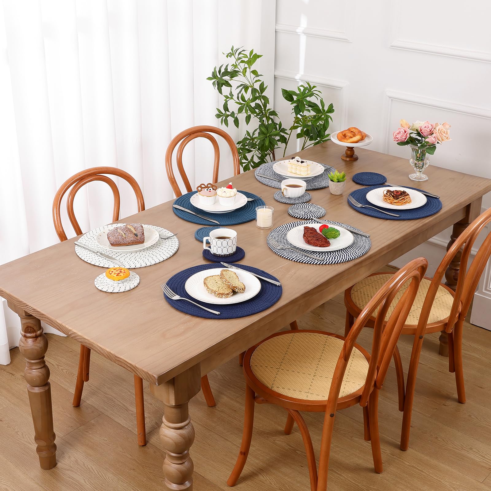 SHACOS Cotton Rope Woven Round Placemats Set of 6 with Coasters, 13 Inch Kitchen Table Place Mats and 5.2 Inch Drink Coasters for Kitchen Dining Table Decorations Trivets Hot Dishes (Blue) - Image 7