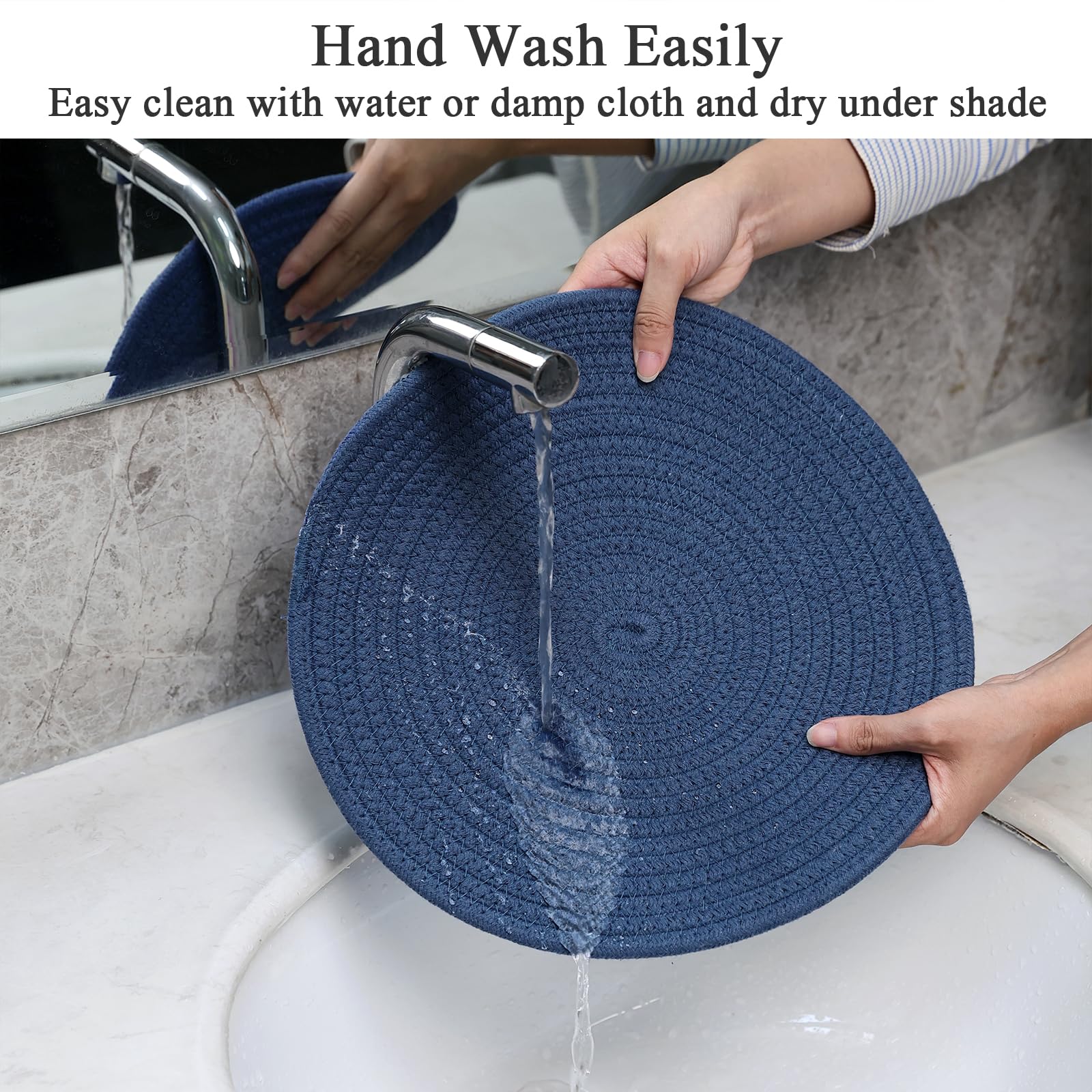 SHACOS Cotton Rope Woven Round Placemats Set of 6 with Coasters, 13 Inch Kitchen Table Place Mats and 5.2 Inch Drink Coasters for Kitchen Dining Table Decorations Trivets Hot Dishes (Blue) - Image 8