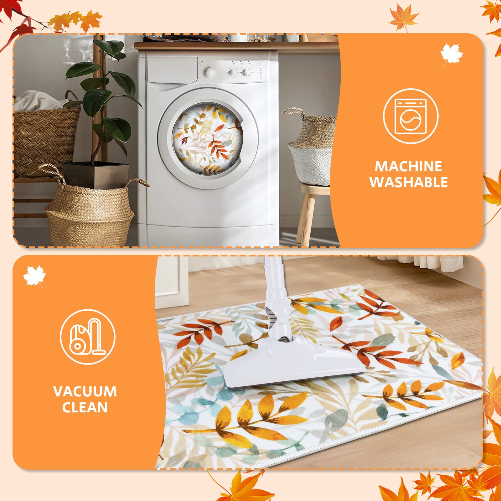 SHACOS Fall Leaves Kitchen Rugs Sets of 3 Pieces Non Slip Washable Kitchen Floor Mats Orange Autumn Color Leaf Rug Runner Carpet for Hallway Entryway Laundry Room Bathroom Decor - Image 5