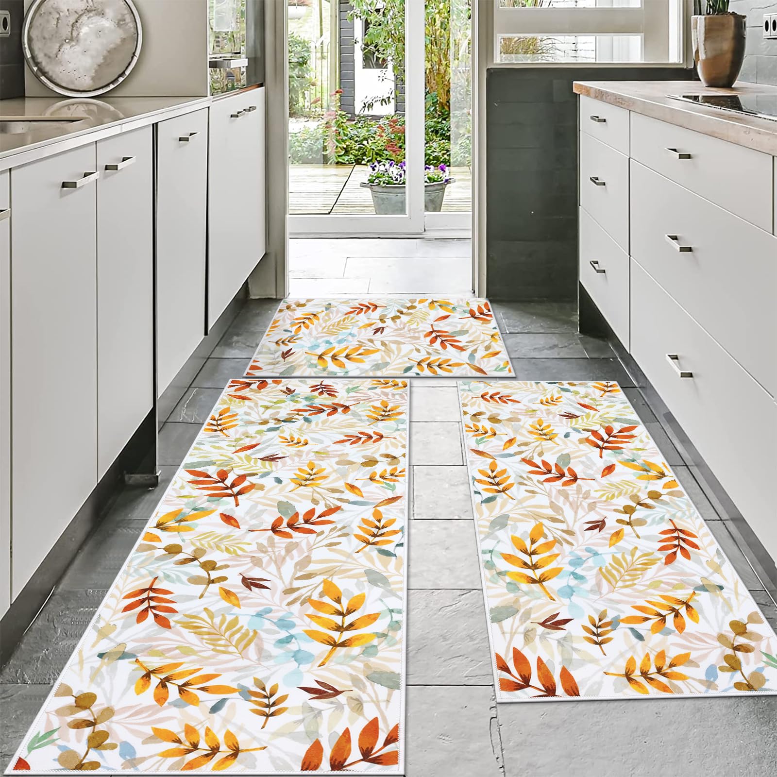 SHACOS Fall Leaves Kitchen Rugs Sets of 3 Pieces Non Slip Washable Kitchen Floor Mats Orange Autumn Color Leaf Rug Runner Carpet for Hallway Entryway Laundry Room Bathroom Decor - Image 7