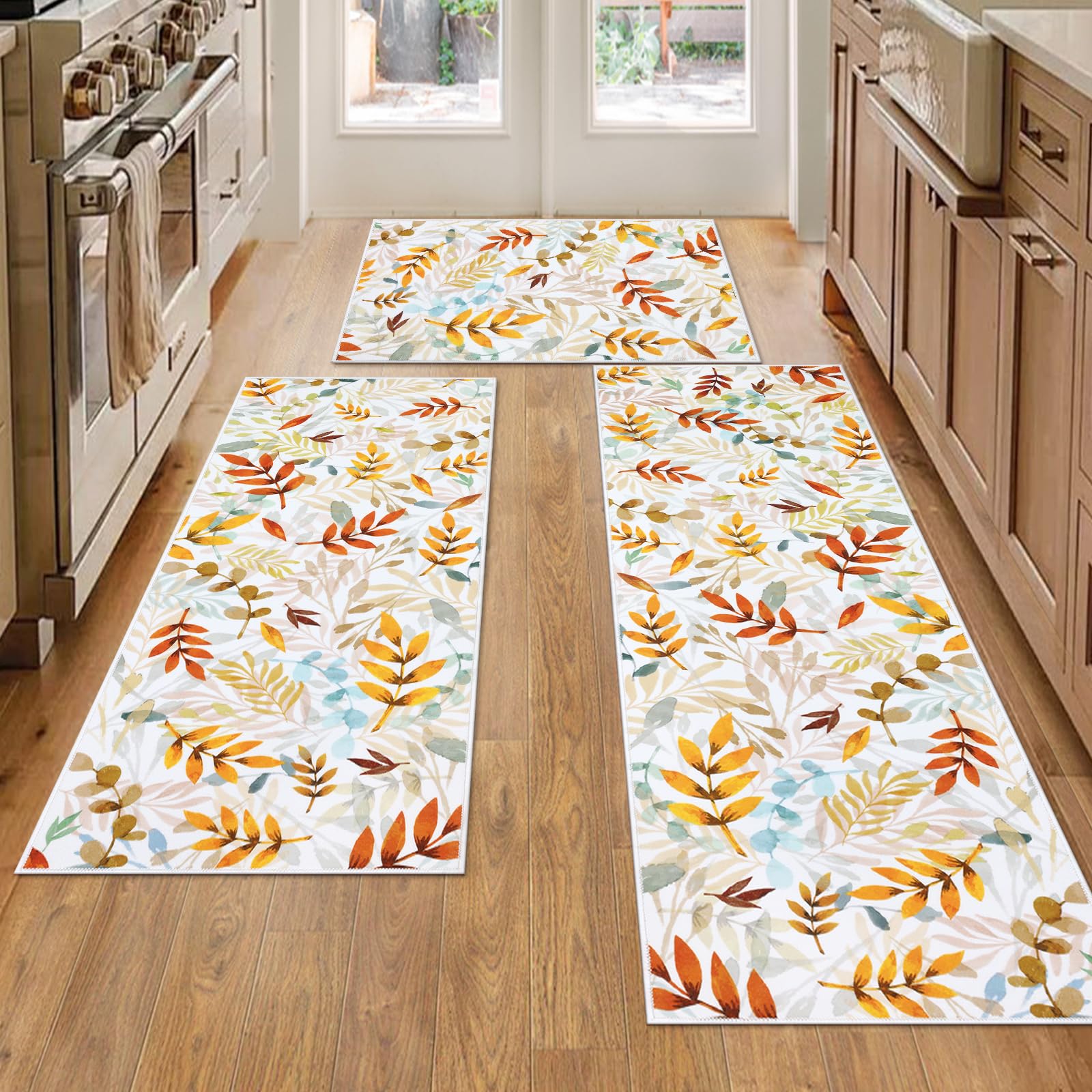 SHACOS Fall Leaves Kitchen Rugs Sets of 3 Pieces Non Slip Washable Kitchen Floor Mats Orange Autumn Color Leaf Rug Runner Carpet for Hallway Entryway Laundry Room Bathroom Decor - Image 8