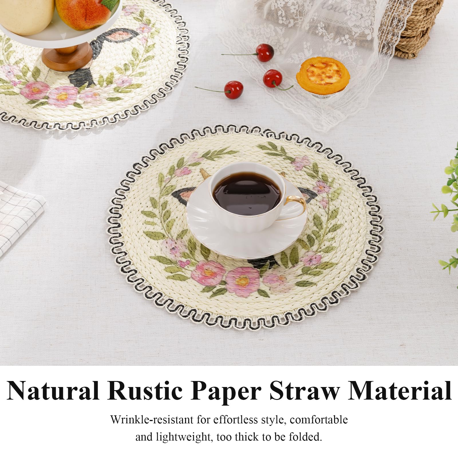 SHACOS Farmhouse Cow Floral Printed Round Placemats Set of 6 Natural Material Wipeable Place Mats Rustic Countryside Farm Scalloped Table Mats for Kitchen Dining Room Decor - Image 3