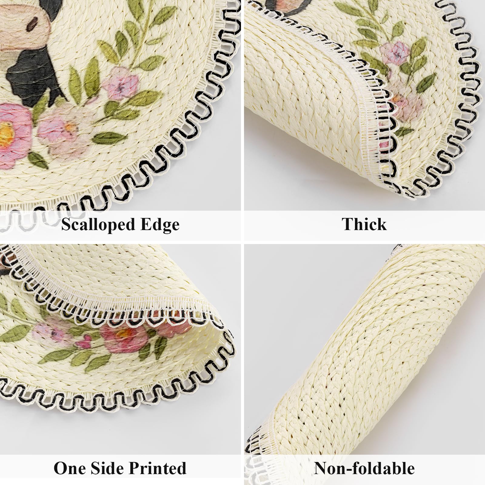 SHACOS Farmhouse Cow Floral Printed Round Placemats Set of 6 Natural Material Wipeable Place Mats Rustic Countryside Farm Scalloped Table Mats for Kitchen Dining Room Decor - Image 4
