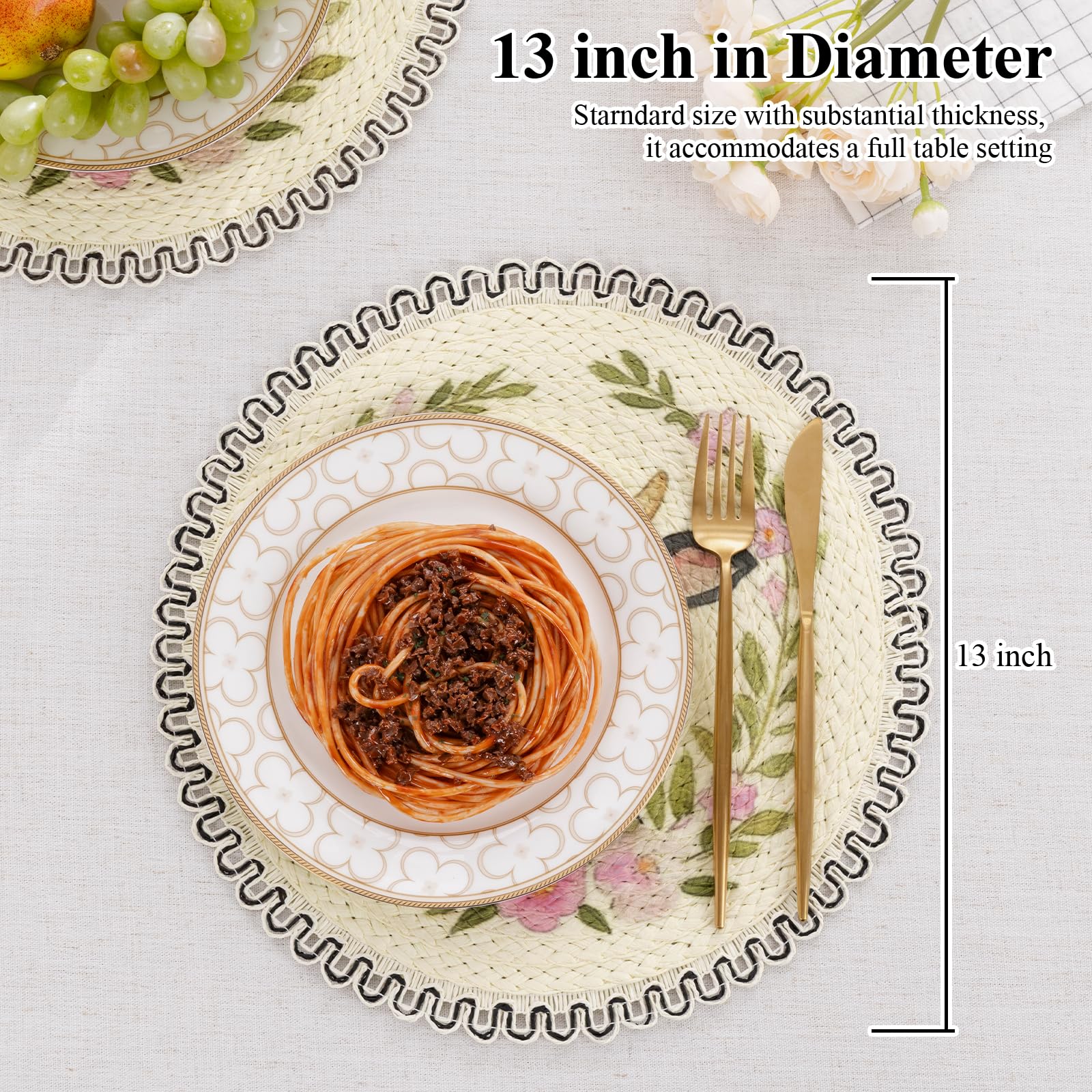 SHACOS Farmhouse Cow Floral Printed Round Placemats Set of 6 Natural Material Wipeable Place Mats Rustic Countryside Farm Scalloped Table Mats for Kitchen Dining Room Decor - Image 5