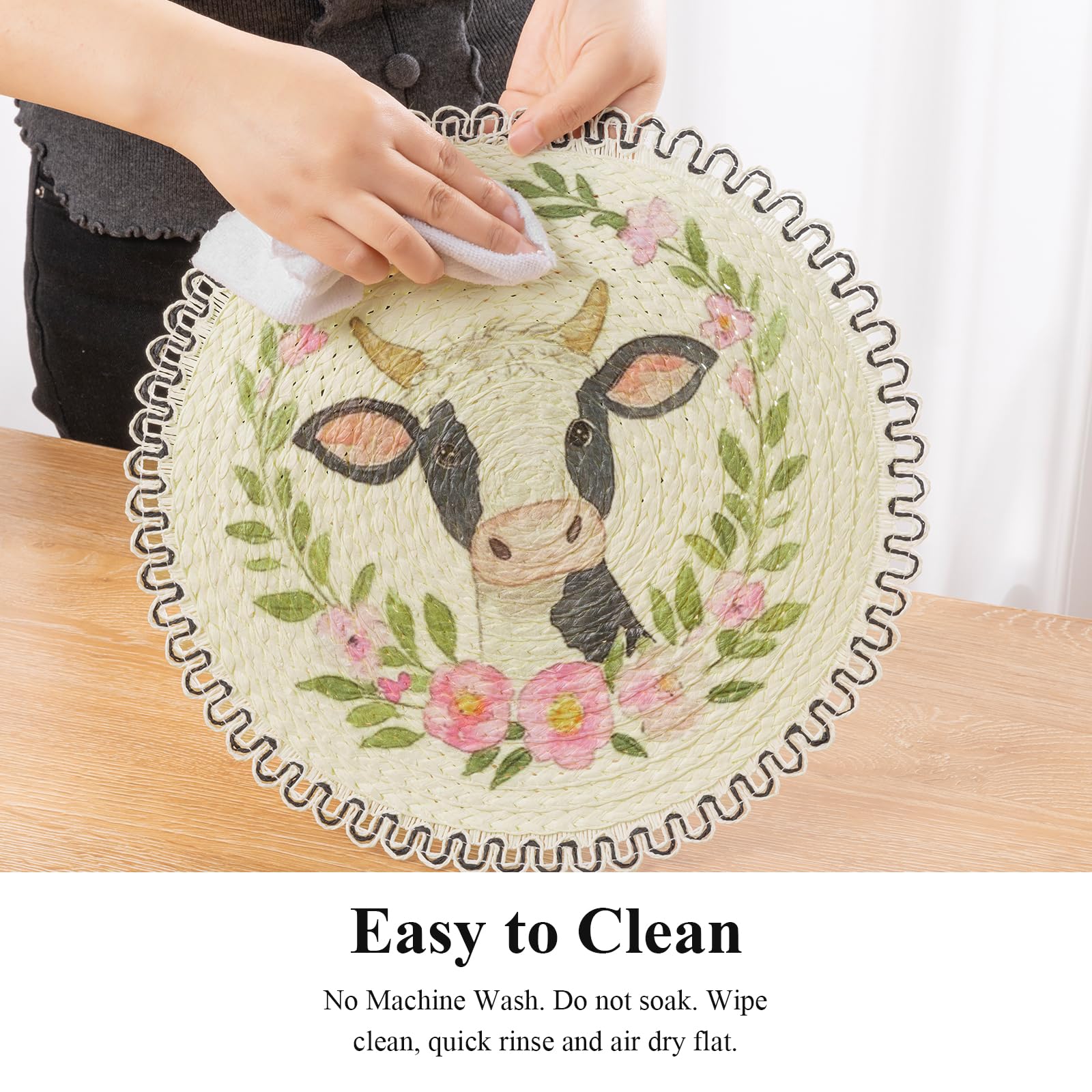 SHACOS Farmhouse Cow Floral Printed Round Placemats Set of 6 Natural Material Wipeable Place Mats Rustic Countryside Farm Scalloped Table Mats for Kitchen Dining Room Decor - Image 6