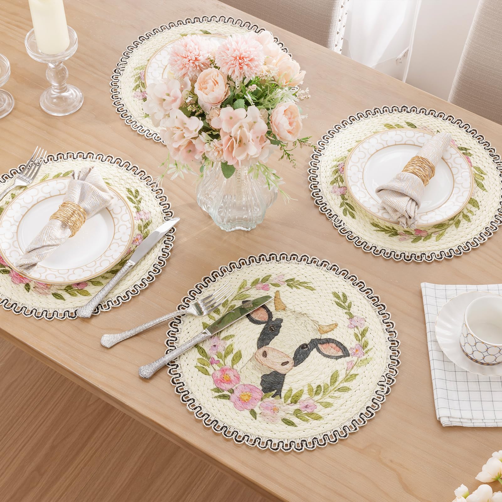 SHACOS Farmhouse Cow Floral Printed Round Placemats Set of 6 Natural Material Wipeable Place Mats Rustic Countryside Farm Scalloped Table Mats for Kitchen Dining Room Decor - Image 7