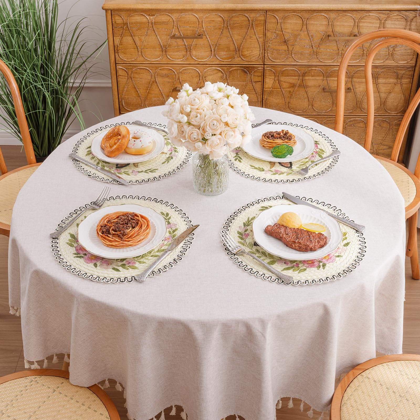 SHACOS Farmhouse Cow Floral Printed Round Placemats Set of 6 Natural Material Wipeable Place Mats Rustic Countryside Farm Scalloped Table Mats for Kitchen Dining Room Decor - Image 8