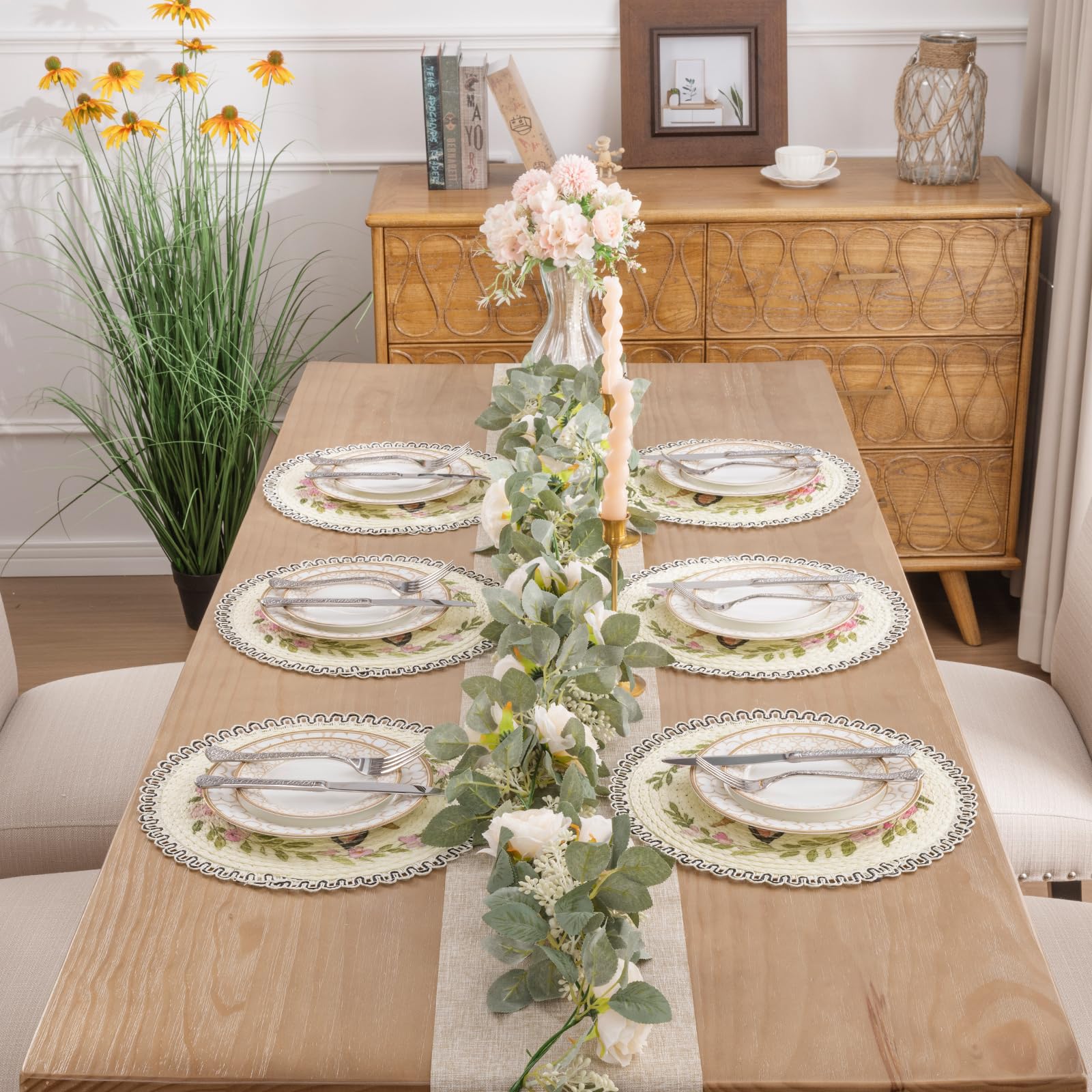 SHACOS Farmhouse Cow Floral Printed Round Placemats Set of 6 Natural Material Wipeable Place Mats Rustic Countryside Farm Scalloped Table Mats for Kitchen Dining Room Decor - Image 9