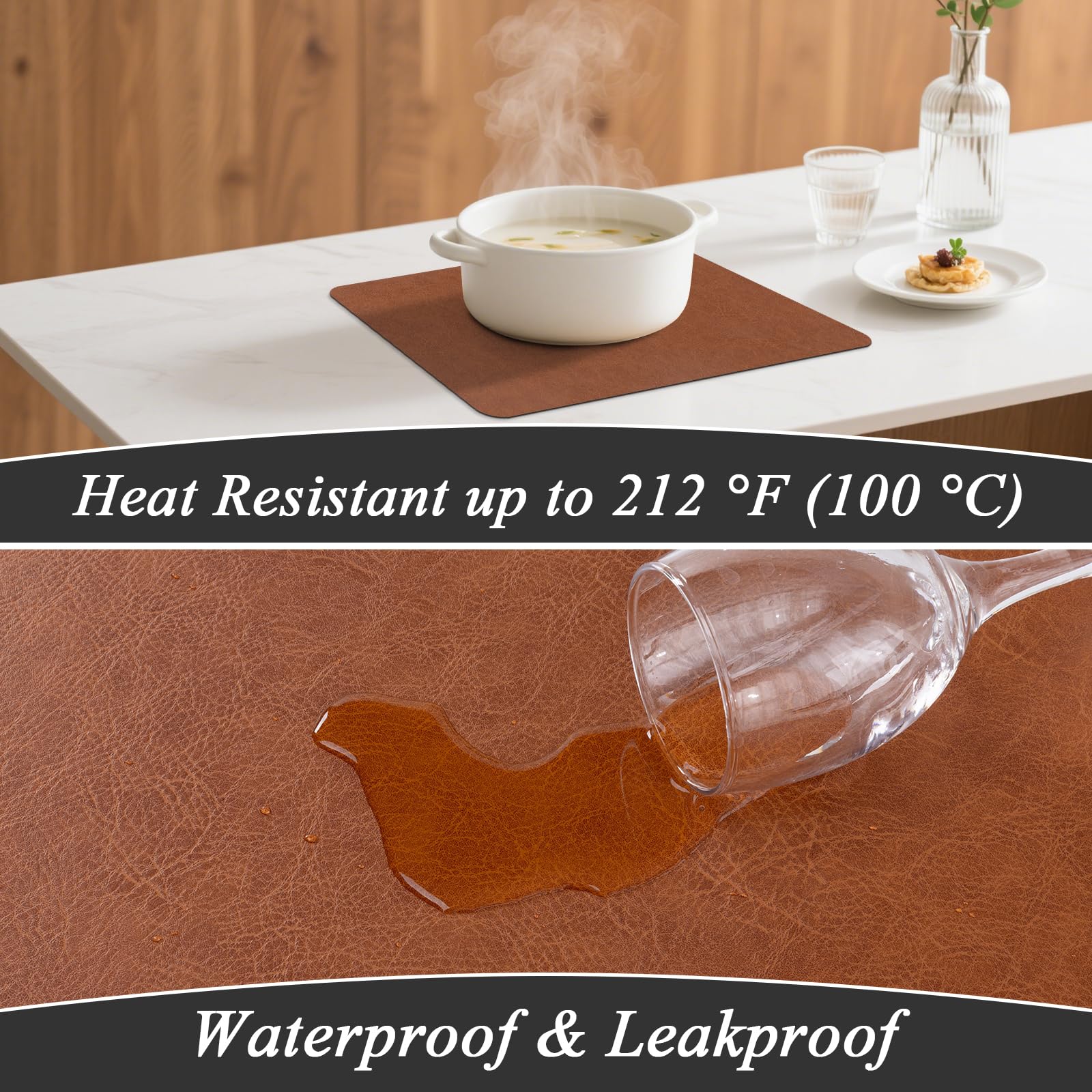 SHACOS Faux Cowhide Leather Placemats Set of 6, Wipeable Heat Resistant Table Mats, Stain Resistant Double Sided Reversible PU Place Mats for Dining Table Kitchen Restaurants, Brown and Blue - Image 3