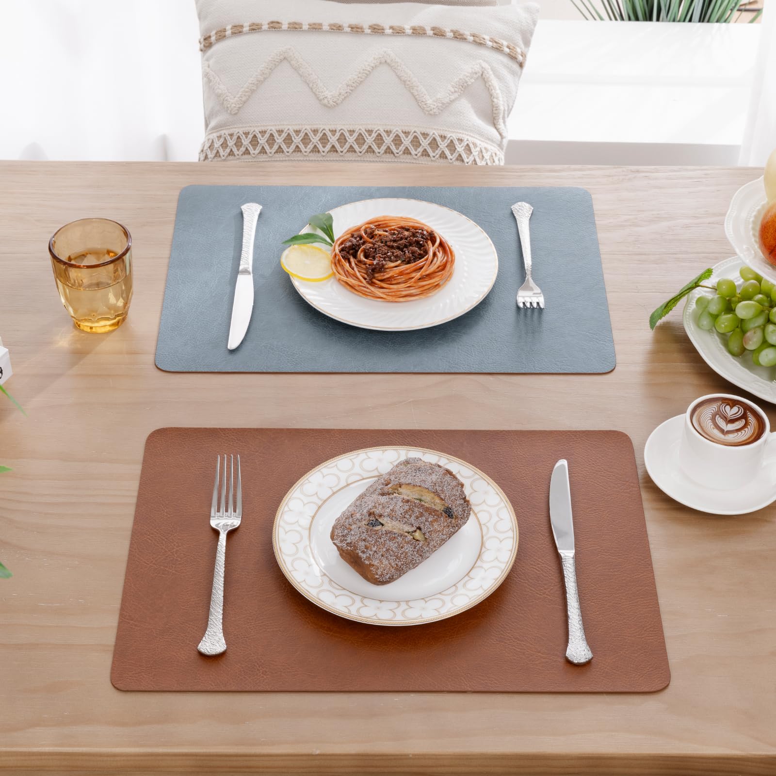 SHACOS Faux Cowhide Leather Placemats Set of 6, Wipeable Heat Resistant Table Mats, Stain Resistant Double Sided Reversible PU Place Mats for Dining Table Kitchen Restaurants, Brown and Blue - Image 5