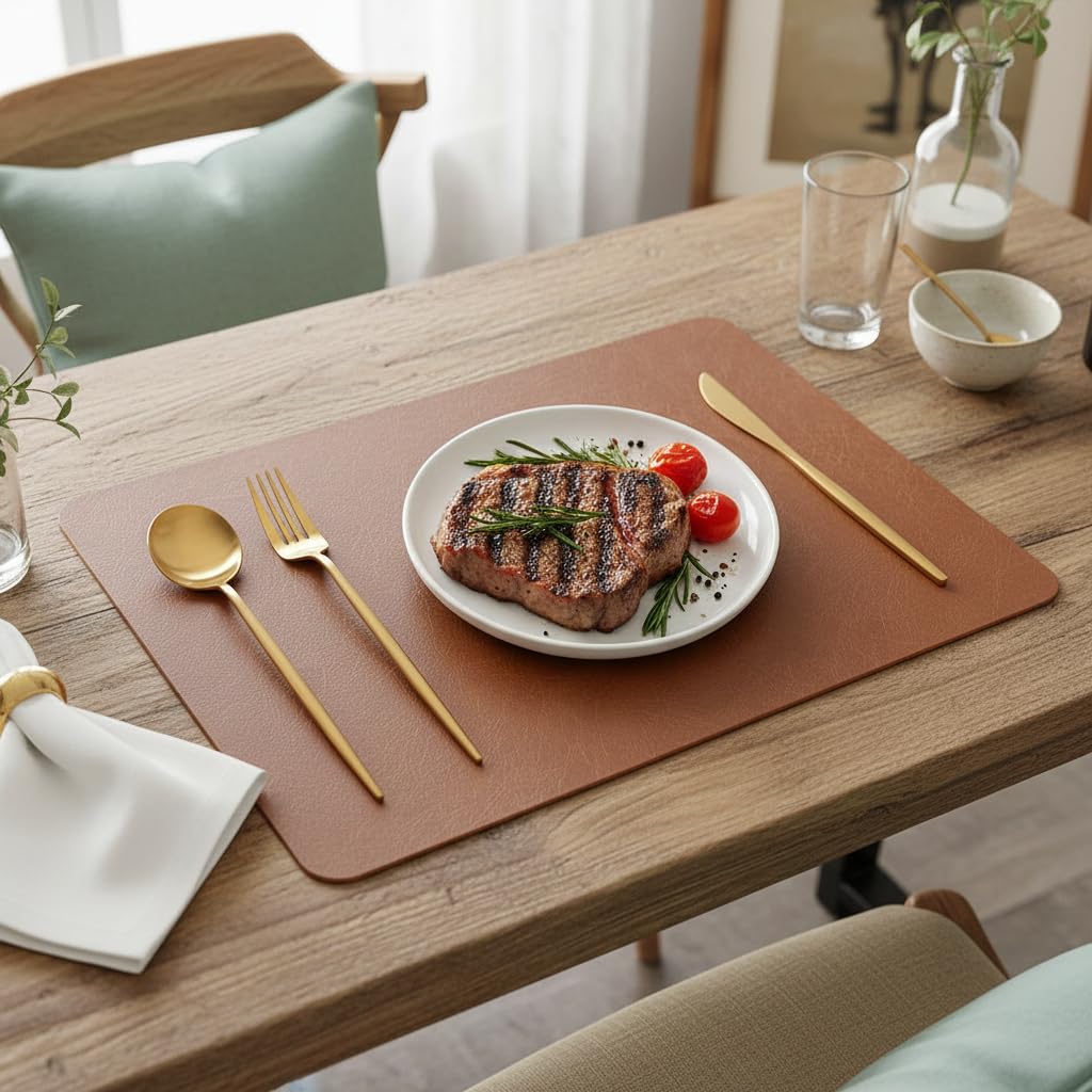 SHACOS Faux Cowhide Leather Placemats Set of 6, Wipeable Heat Resistant Table Mats, Stain Resistant Double Sided Reversible PU Place Mats for Dining Table Kitchen Restaurants, Brown and Blue - Image 6