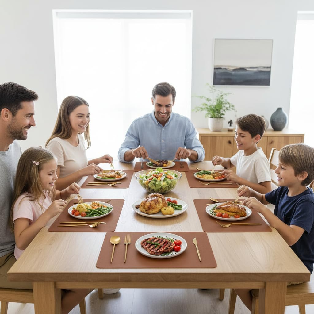 SHACOS Faux Cowhide Leather Placemats Set of 6, Wipeable Heat Resistant Table Mats, Stain Resistant Double Sided Reversible PU Place Mats for Dining Table Kitchen Restaurants, Brown and Blue - Image 7