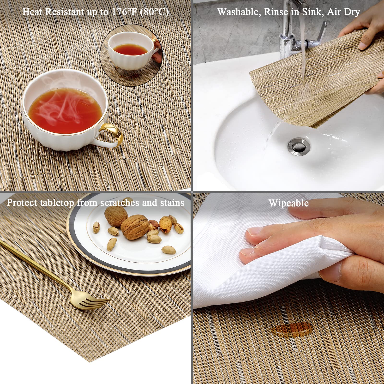 SHACOS Large Size Wedge Shape Placemats with Centerpiece Round Mat Set of 5 Round Table Place Mats Washable Dining Table Placemats Reversible, Beige - Image 3