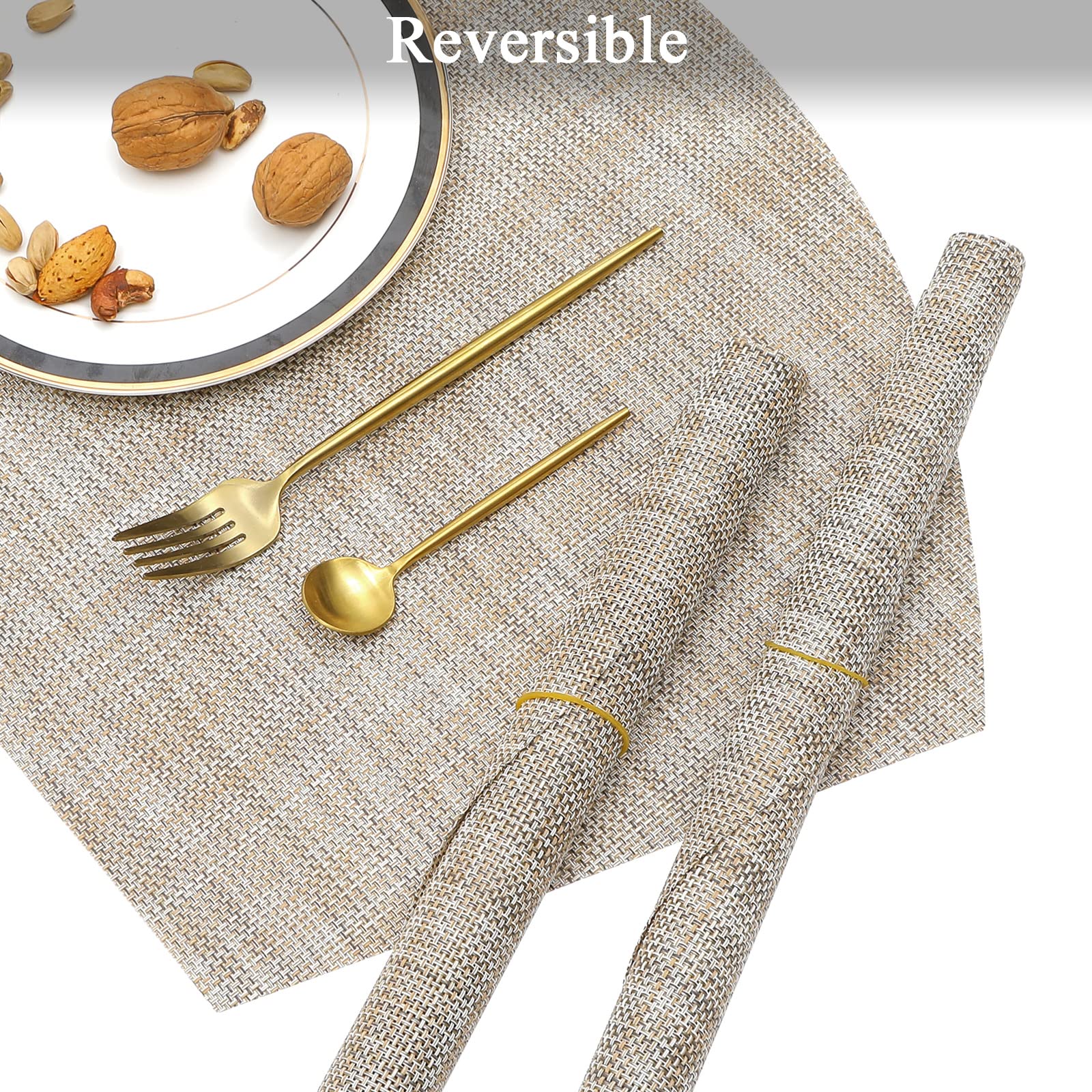 SHACOS Large Size Wedge Shape Placemats with Centerpiece Round Mat Set of 5 Round Table Place Mats Washable Dining Table Placemats Reversible, Beige - Image 4