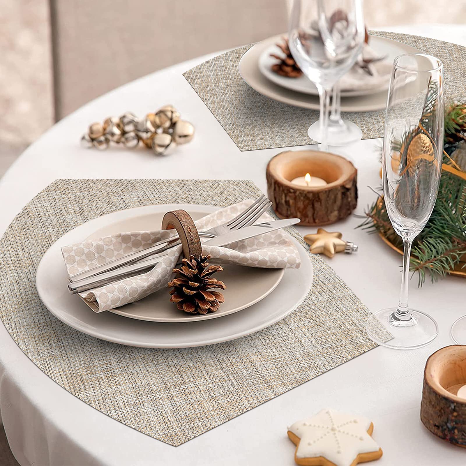 SHACOS Large Size Wedge Shape Placemats with Centerpiece Round Mat Set of 5 Round Table Place Mats Washable Dining Table Placemats Reversible, Beige - Image 7