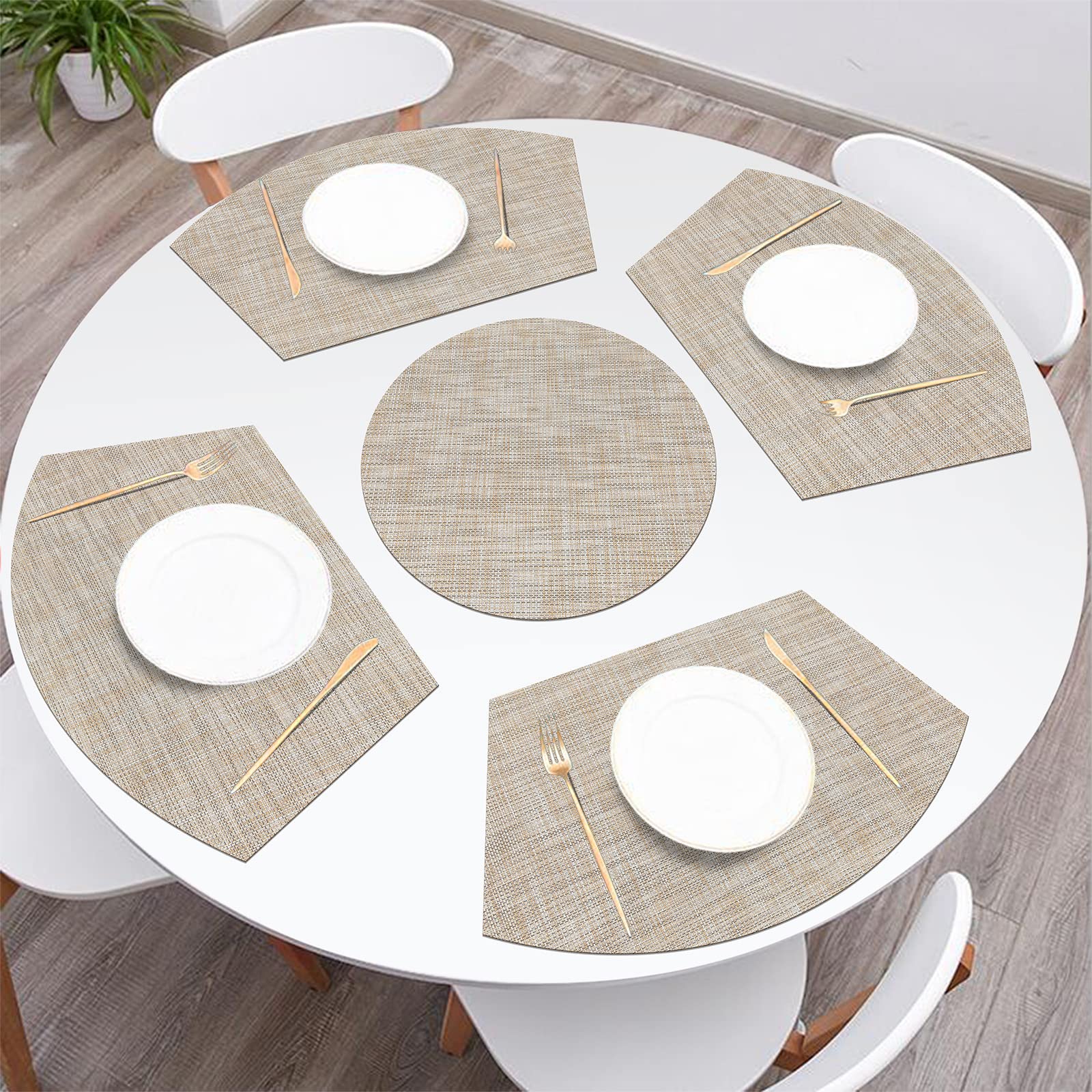 SHACOS Large Size Wedge Shape Placemats with Centerpiece Round Mat Set of 5 Round Table Place Mats Washable Dining Table Placemats Reversible, Beige - Image 8