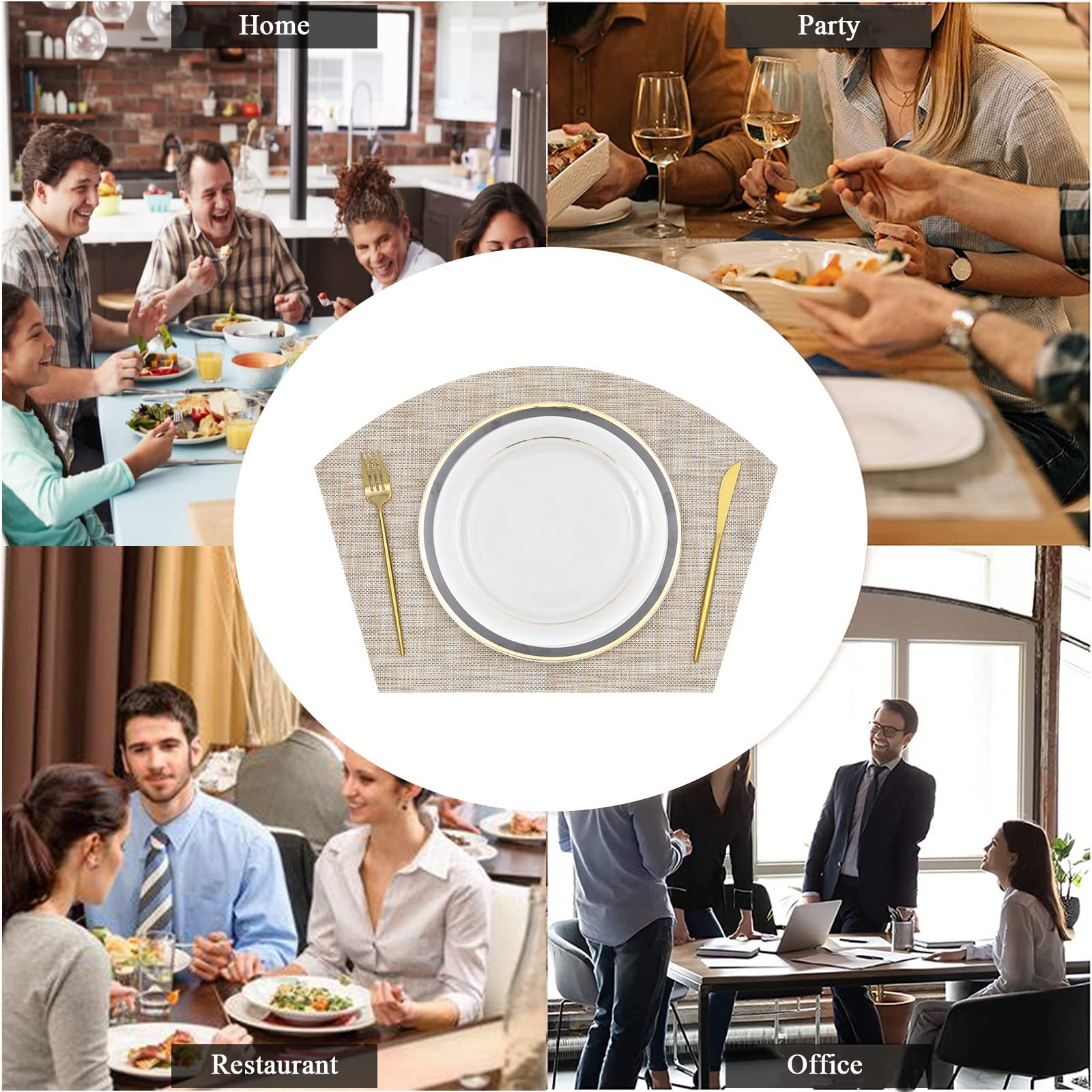 SHACOS Large Size Wedge Shape Placemats with Centerpiece Round Mat Set of 5 Round Table Place Mats Washable Dining Table Placemats Reversible, Beige - Image 9