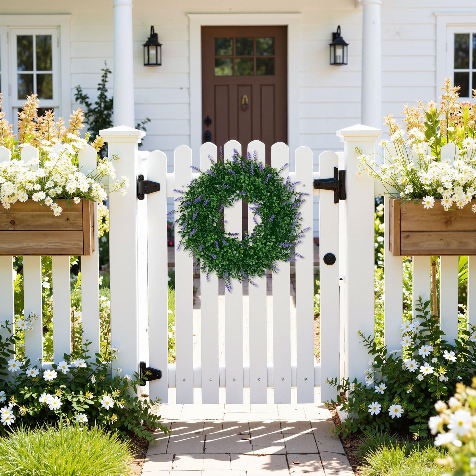 SHACOS Lavender Greenery Wreath 17" Artificial Boxwood Front Door Wreaths for Home Wall Window Farmhouse Decoration Spring Summer Indoor Outdoor - Image 5