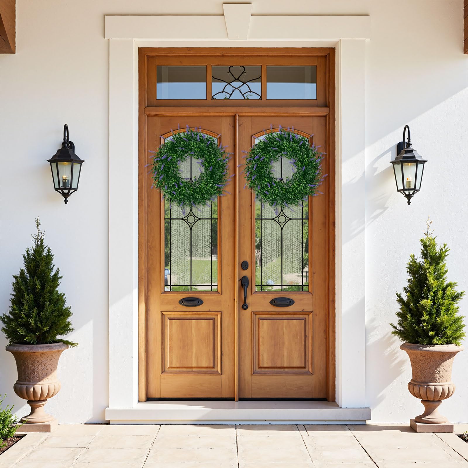 SHACOS Lavender Greenery Wreath 17" Artificial Boxwood Front Door Wreaths for Home Wall Window Farmhouse Decoration Spring Summer Indoor Outdoor - Image 8