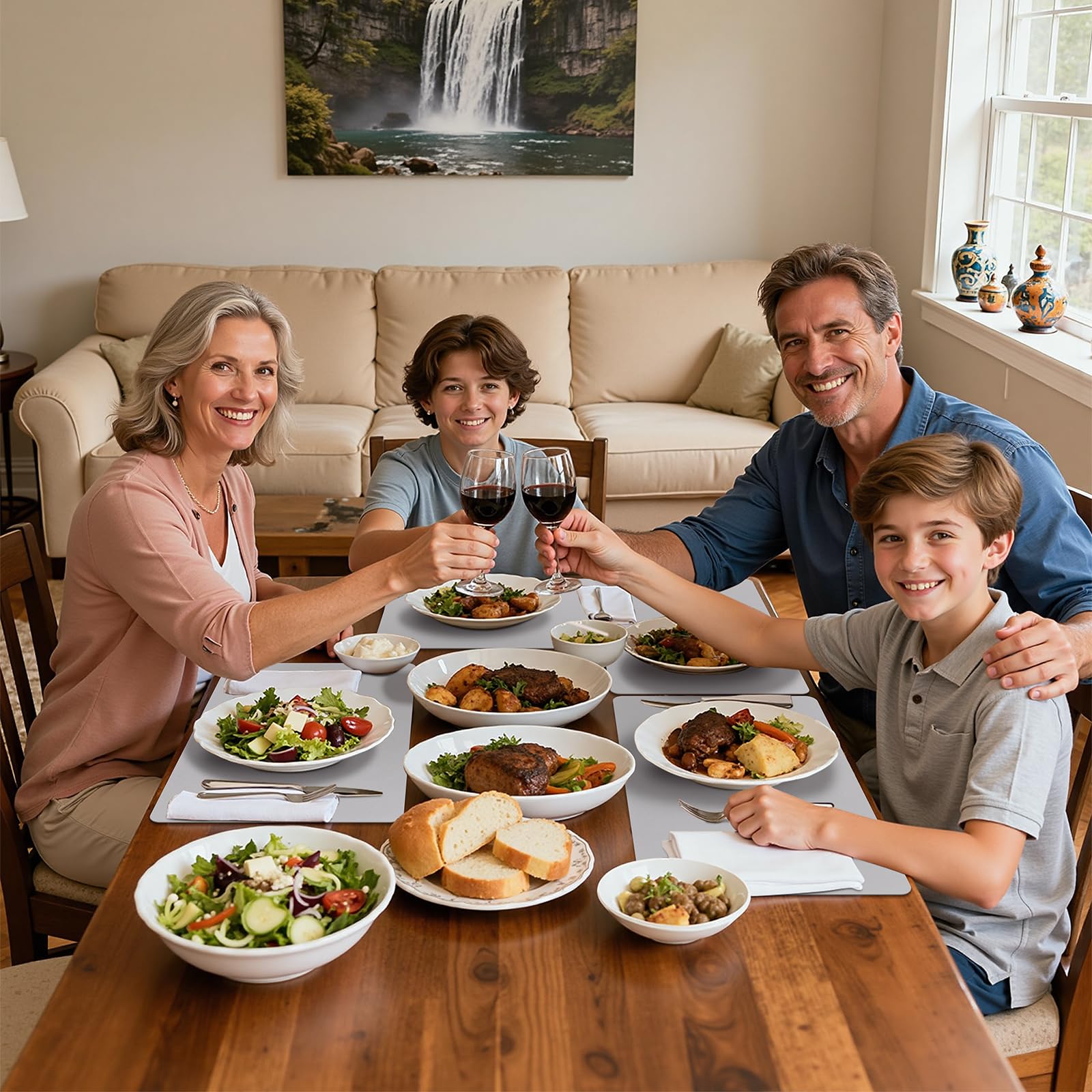 SHACOS Placemats Set of 6 Faux Leather Waterproof Leakproof Wipeable PU Non-Slip Vinyl Place Mats Heat Resistant Table Mats for Kitchen Dining Table Indoor Outdoor, Grey - Image 8