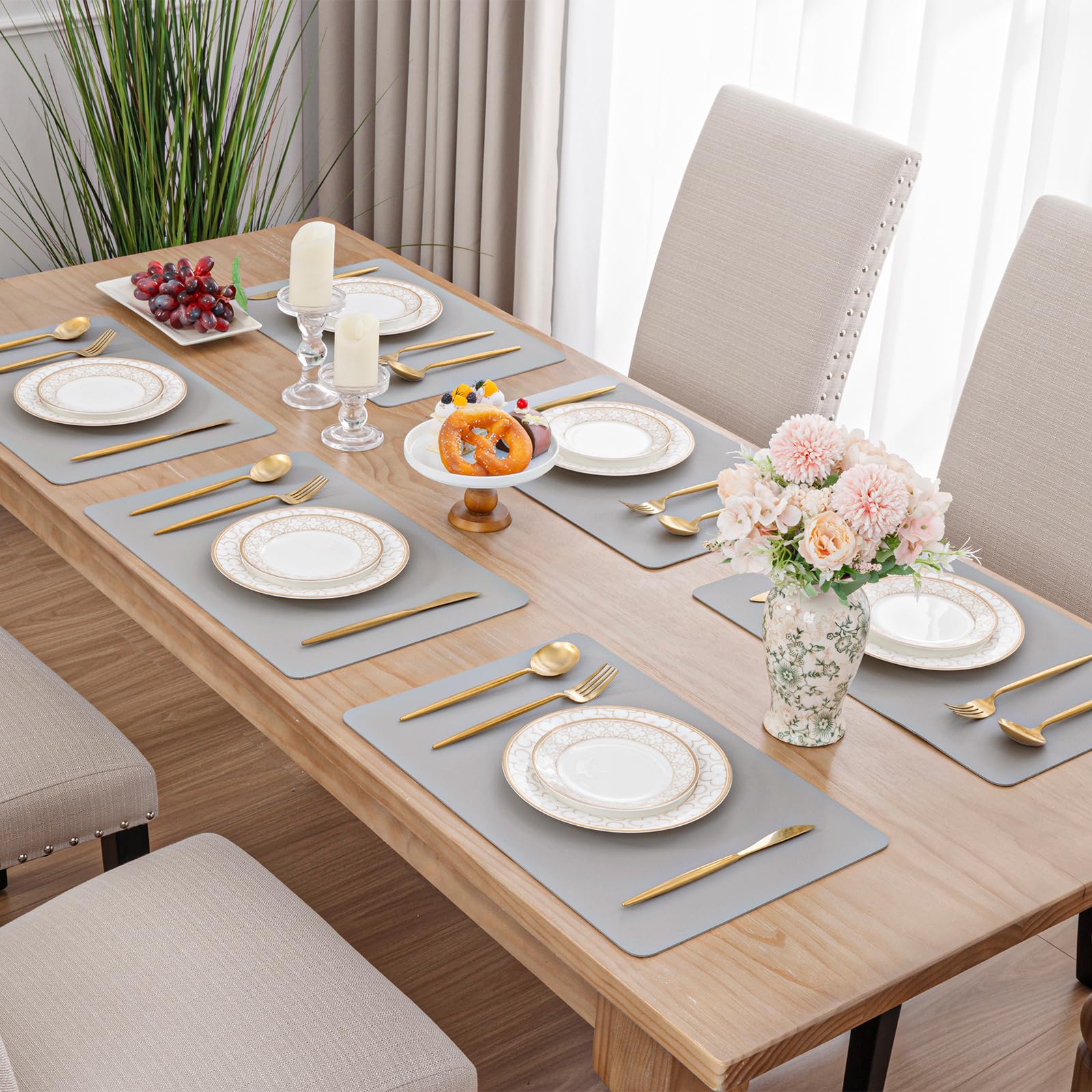 SHACOS Placemats Set of 6 Faux Leather Waterproof Leakproof Wipeable PU Non-Slip Vinyl Place Mats Heat Resistant Table Mats for Kitchen Dining Table Indoor Outdoor, Grey - Image 9