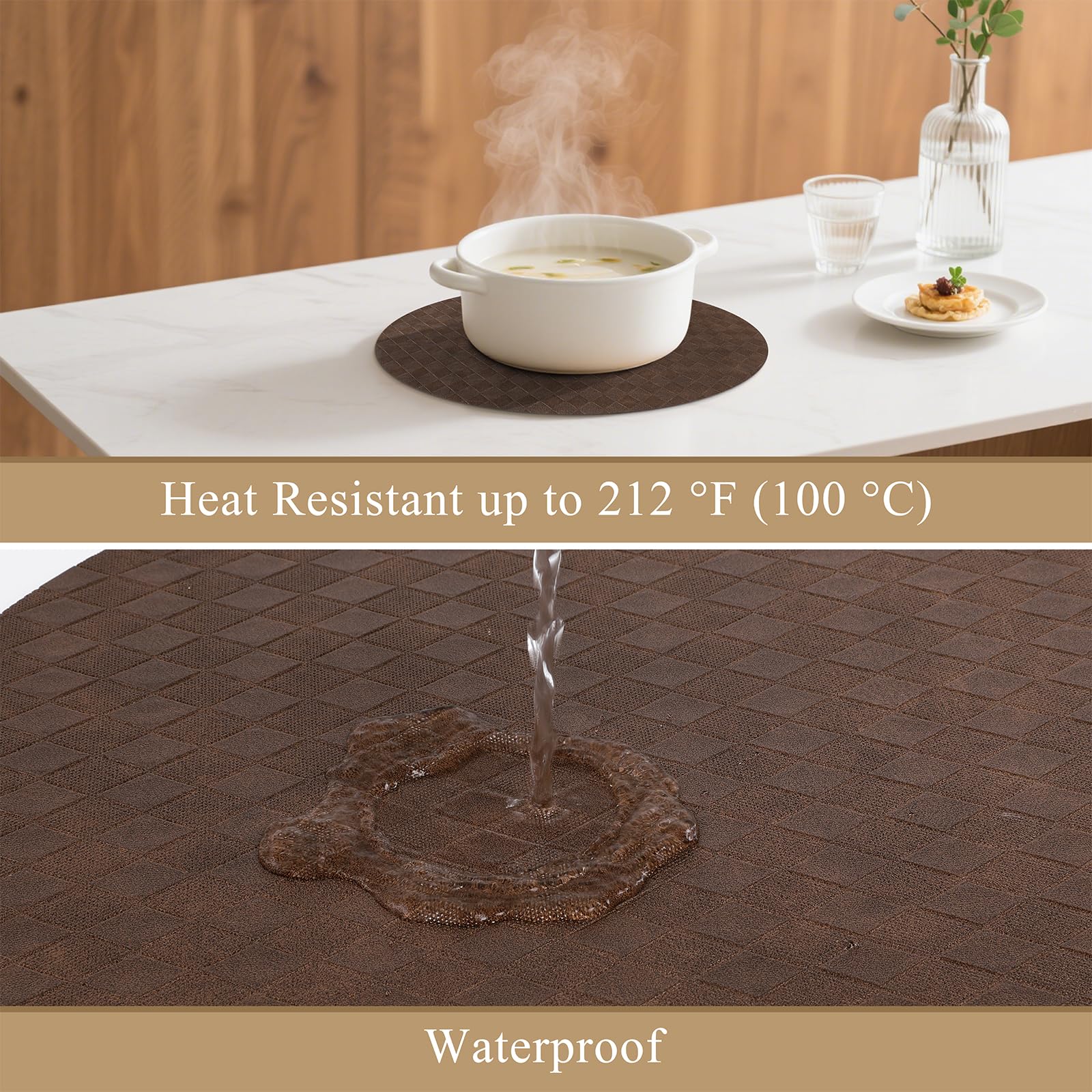 SHACOS Round Placemats Set of 6 with Coasters Wipeable Leakproof 13 inch Faux Leather PU Vinyl Place Mats Heatproof Non Slip Table Mats Home Kitchen Dining Table Decor, Chocolate - Image 3