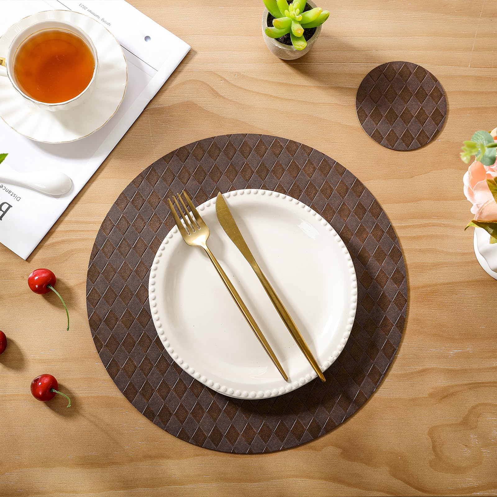 SHACOS Round Placemats Set of 6 with Coasters Wipeable Leakproof 13 inch Faux Leather PU Vinyl Place Mats Heatproof Non Slip Table Mats Home Kitchen Dining Table Decor, Chocolate - Image 5