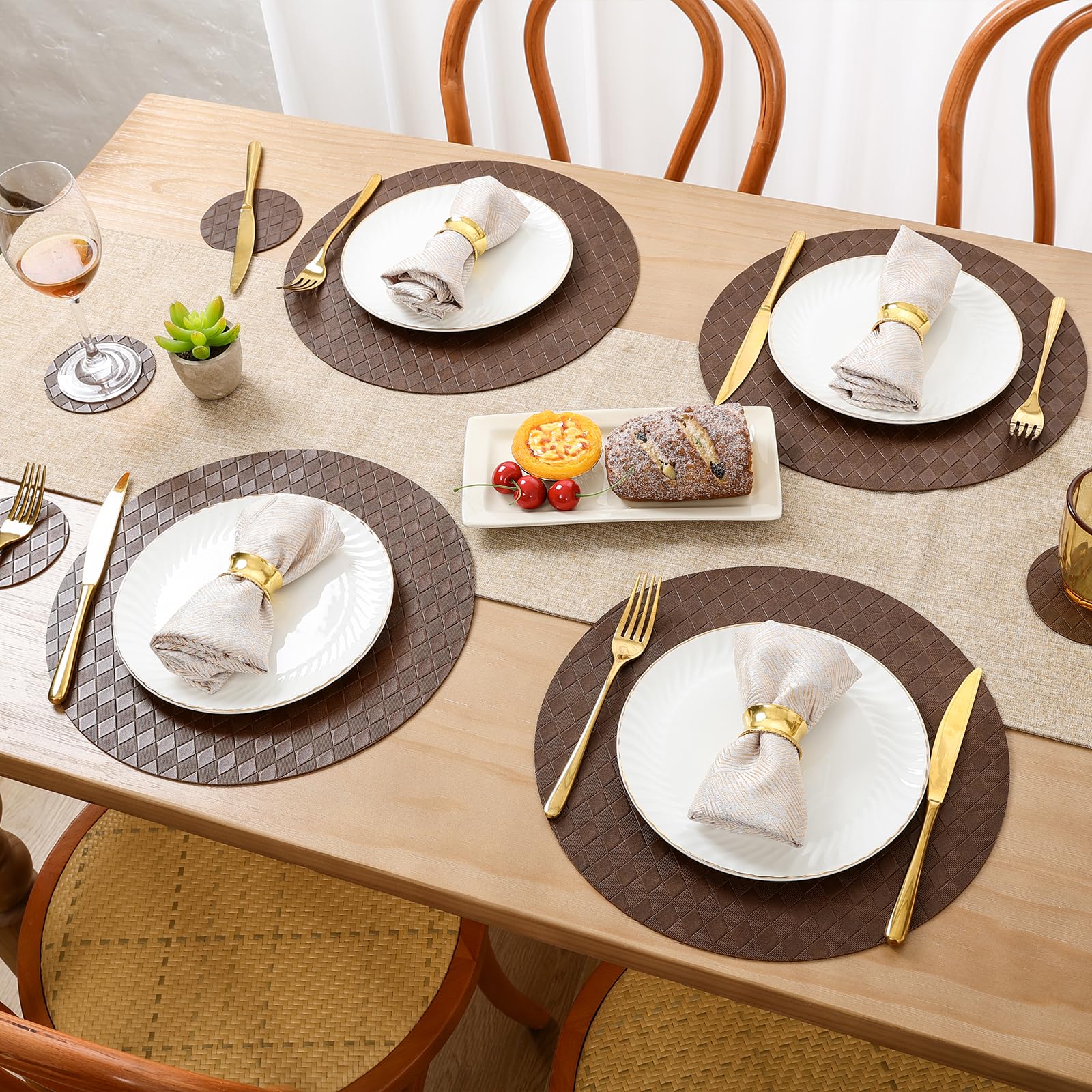 SHACOS Round Placemats Set of 6 with Coasters Wipeable Leakproof 13 inch Faux Leather PU Vinyl Place Mats Heatproof Non Slip Table Mats Home Kitchen Dining Table Decor, Chocolate - Image 6