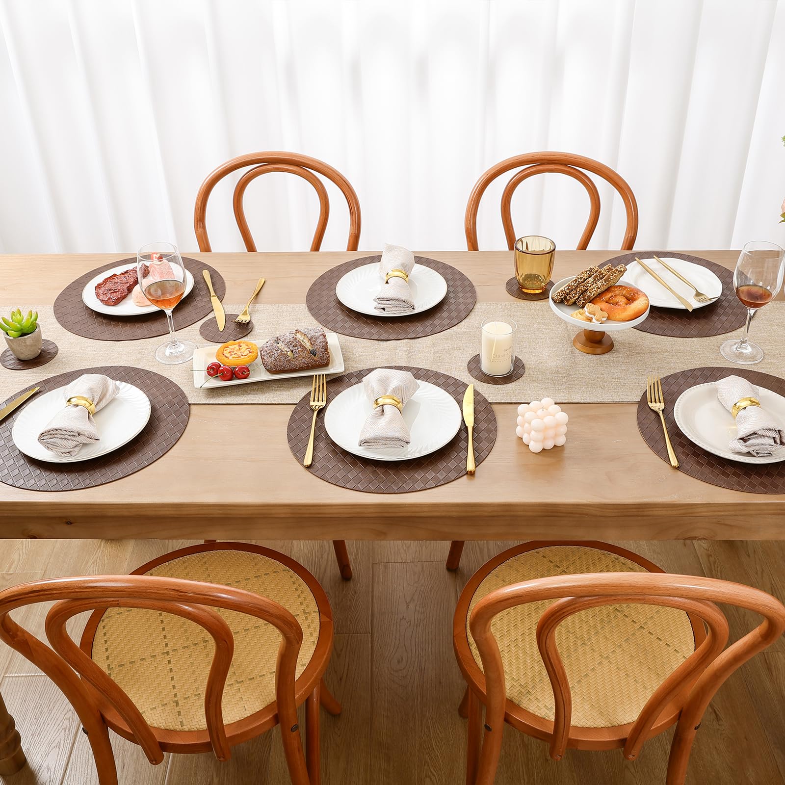 SHACOS Round Placemats Set of 6 with Coasters Wipeable Leakproof 13 inch Faux Leather PU Vinyl Place Mats Heatproof Non Slip Table Mats Home Kitchen Dining Table Decor, Chocolate - Image 9