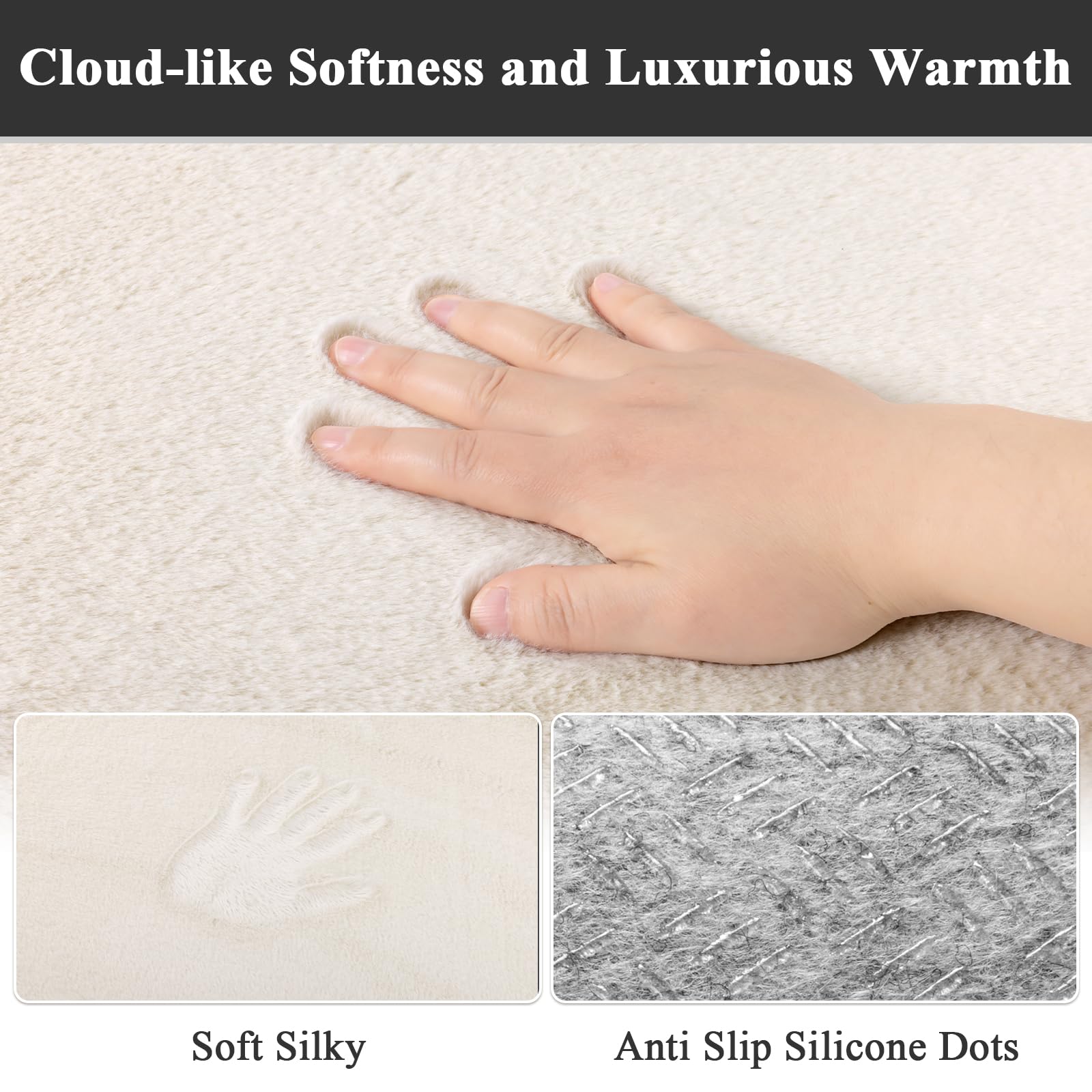 SHACOS Silky Soft Faux Rabbit Fur Area Rug 6'x9', Non Slip Washable Padded Throw Rugs, Fluffy Cozy Indoor Modern Carpet for Living Room Bedroom Dining Room Kids Room Dorm Home Decor, Cream - Image 4