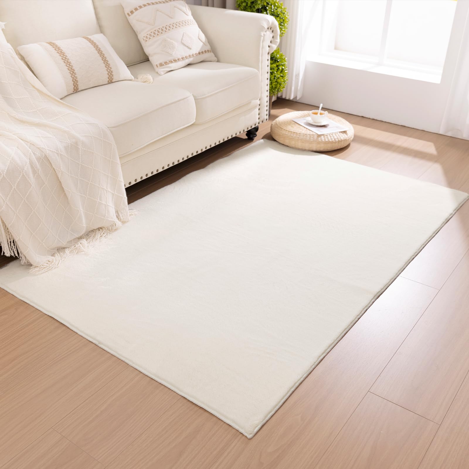 SHACOS Silky Soft Faux Rabbit Fur Area Rug 6'x9', Non Slip Washable Padded Throw Rugs, Fluffy Cozy Indoor Modern Carpet for Living Room Bedroom Dining Room Kids Room Dorm Home Decor, Cream - Image 9