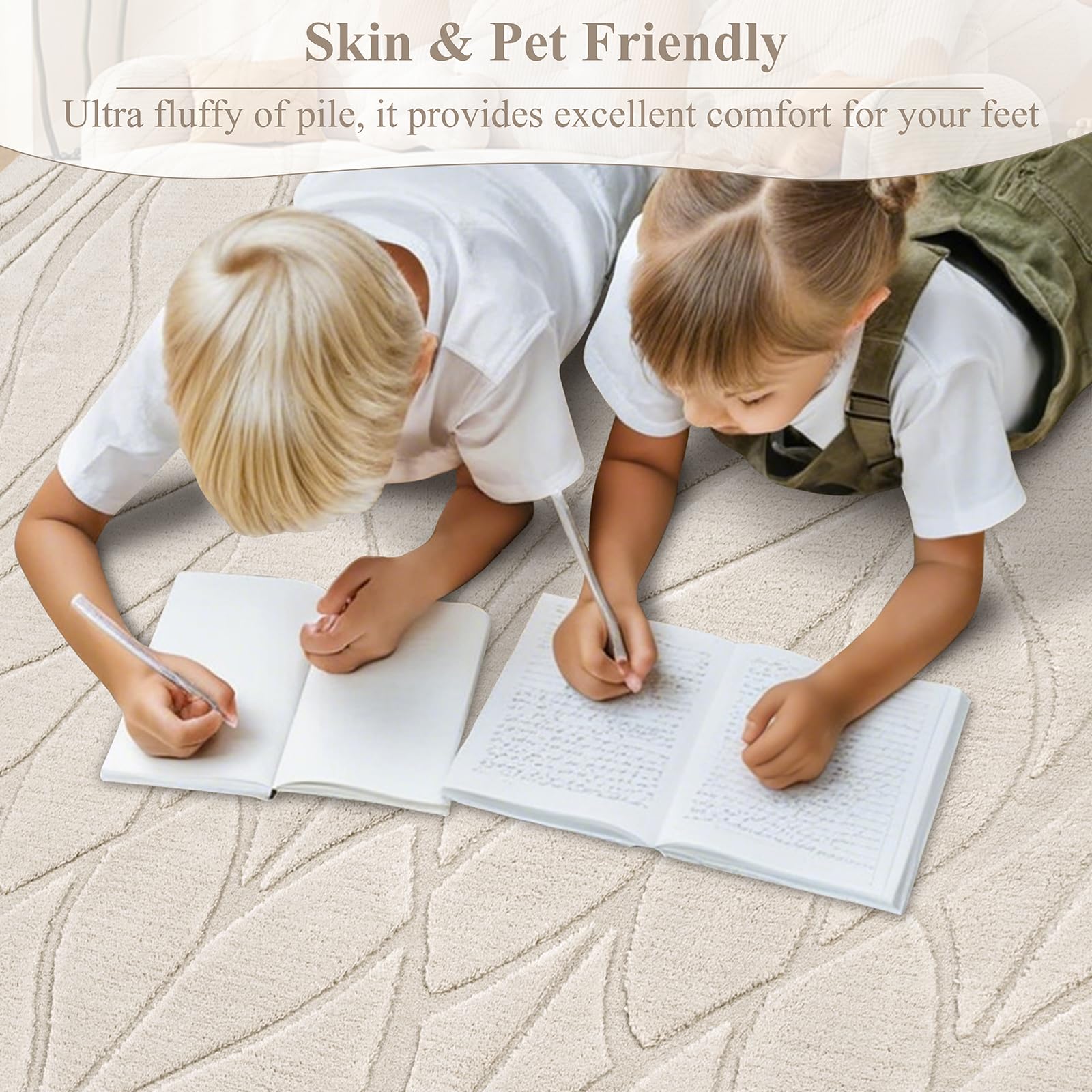 SHACOS Soft Area Rug for Living Room 8x10, Washable Non Slip Bedroom Rug Beige, Fluffy Large Rugs Carpet for Floor Living Room Kids Nursery Room, Home Decor Aesthetic - Leaf Pattern Design - Image 3