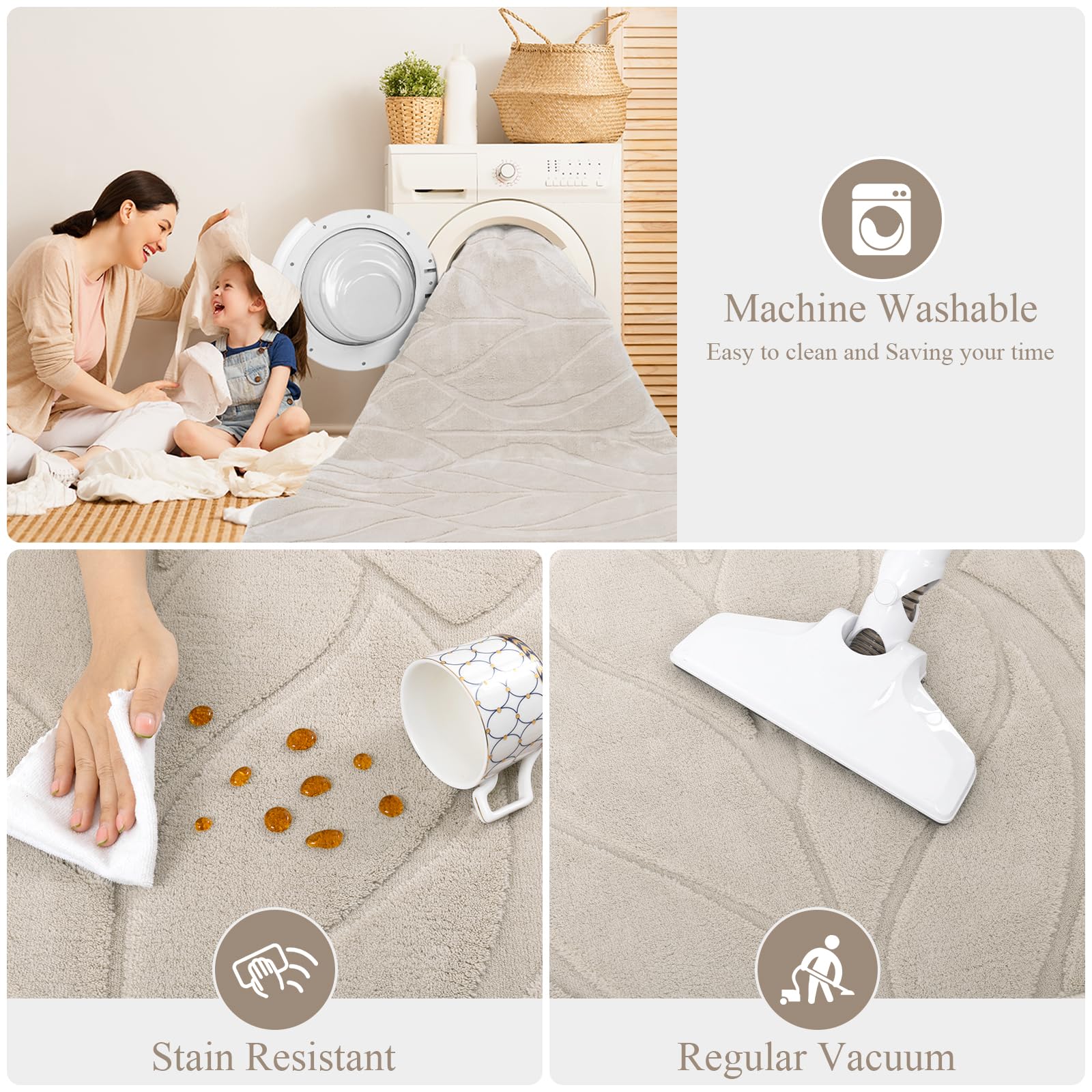 SHACOS Soft Area Rug for Living Room 8x10, Washable Non Slip Bedroom Rug Beige, Fluffy Large Rugs Carpet for Floor Living Room Kids Nursery Room, Home Decor Aesthetic - Leaf Pattern Design - Image 4