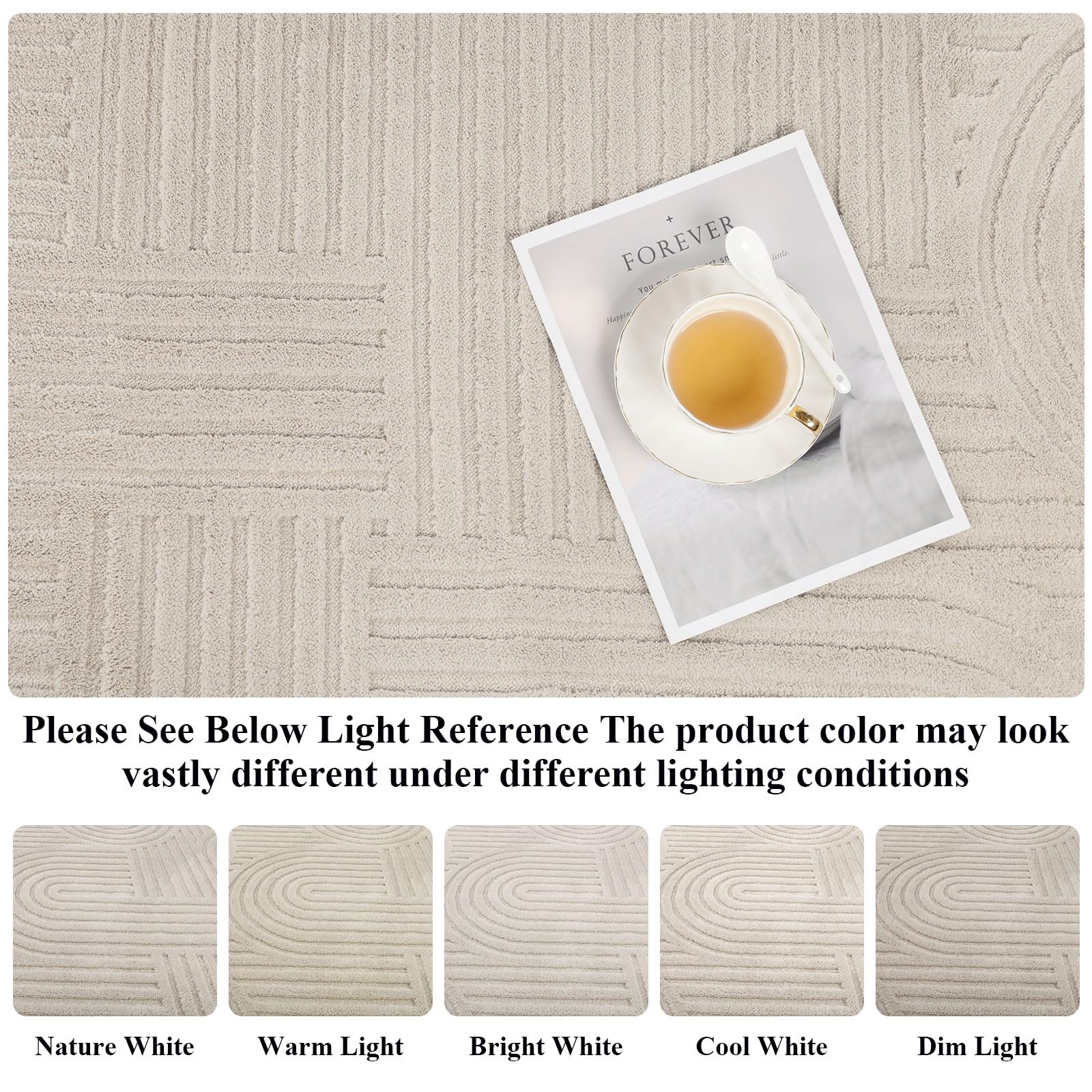 SHACOS Soft Cozy Fluffy Arch Pattern High-Low Pile Textured Area Rug 5'3"x7'3" Non Slip Washable Modern Geometric Rug Stain Resistant Contemporary Carpet for Living Room Bedroom Dining Room, Beige - Image 5