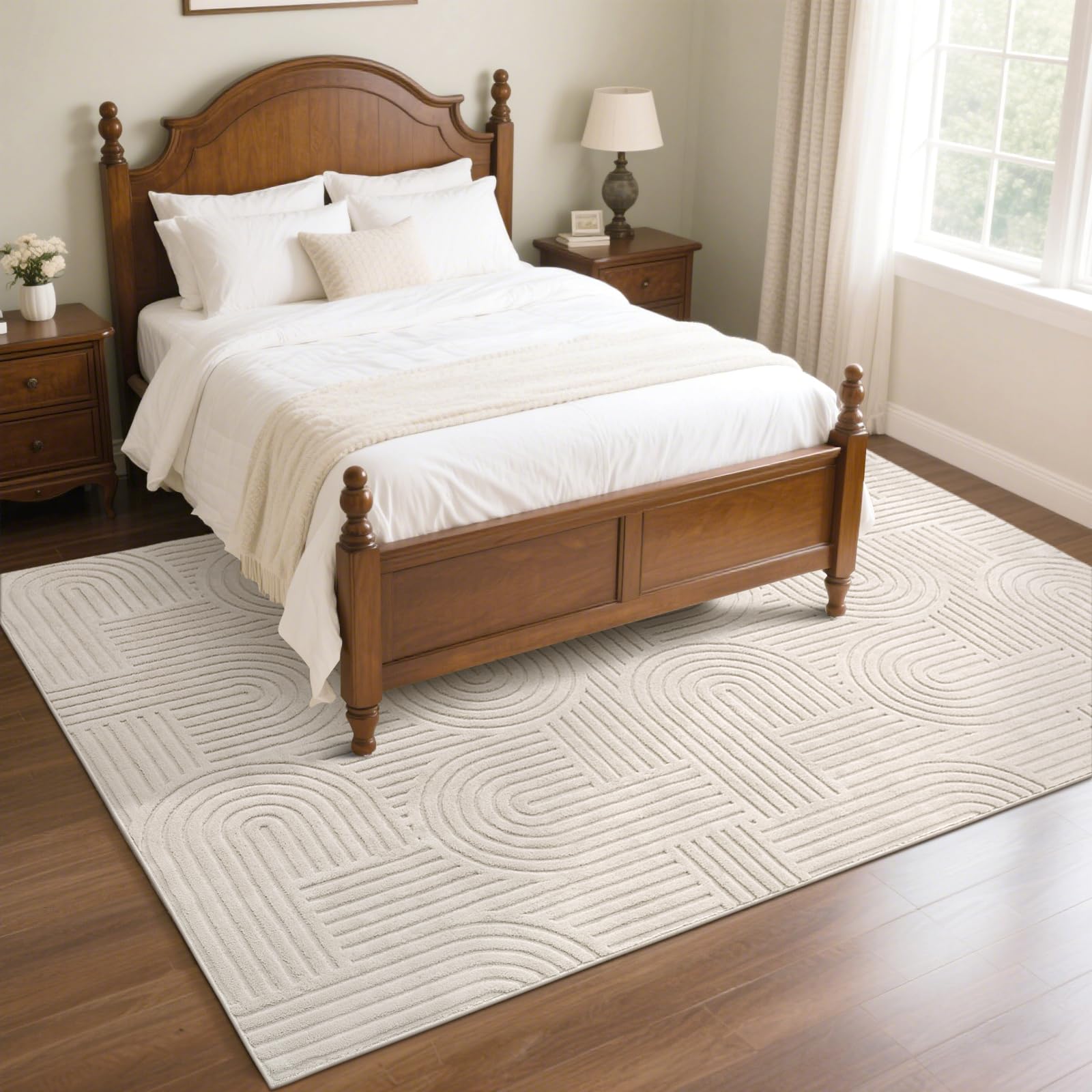 SHACOS Soft Cozy Fluffy Arch Pattern High-Low Pile Textured Area Rug 5'3"x7'3" Non Slip Washable Modern Geometric Rug Stain Resistant Contemporary Carpet for Living Room Bedroom Dining Room, Beige - Image 9