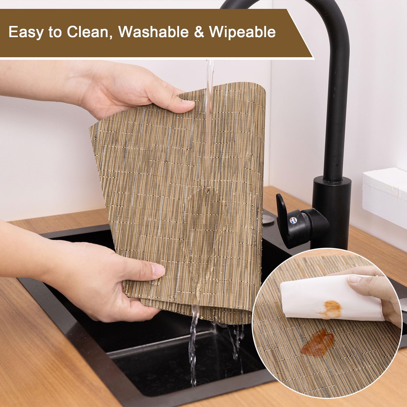 SHACOS Wedge Shape Placemats Set of 4 Woven Vinyl Placemat for Round Table Curved Place Mats Wipe Clean Kitchen Dining Table Mats (4, Tan) - Image 7