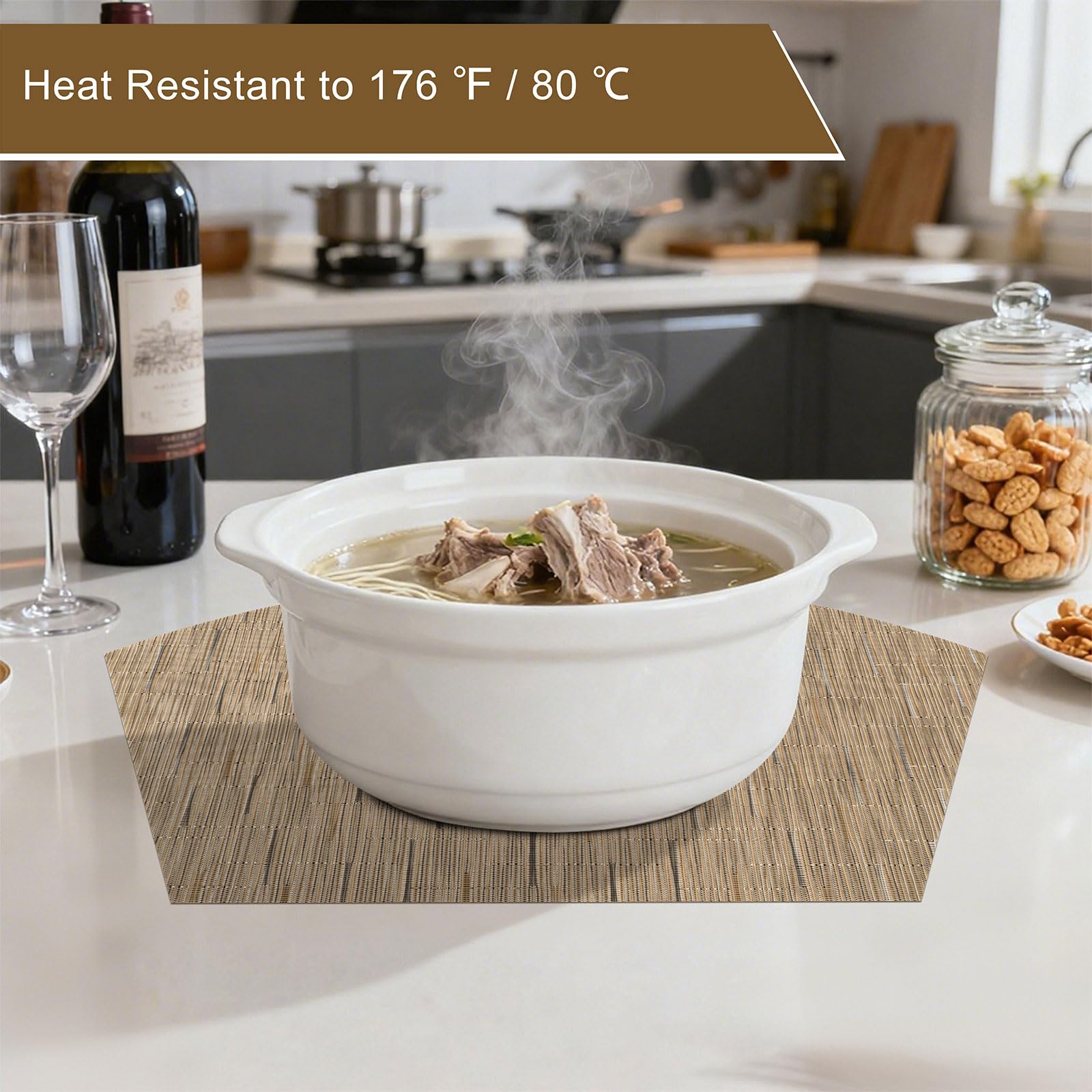 SHACOS Wedge Shape Placemats Set of 4 Woven Vinyl Placemat for Round Table Curved Place Mats Wipe Clean Kitchen Dining Table Mats (4, Tan) - Image 8