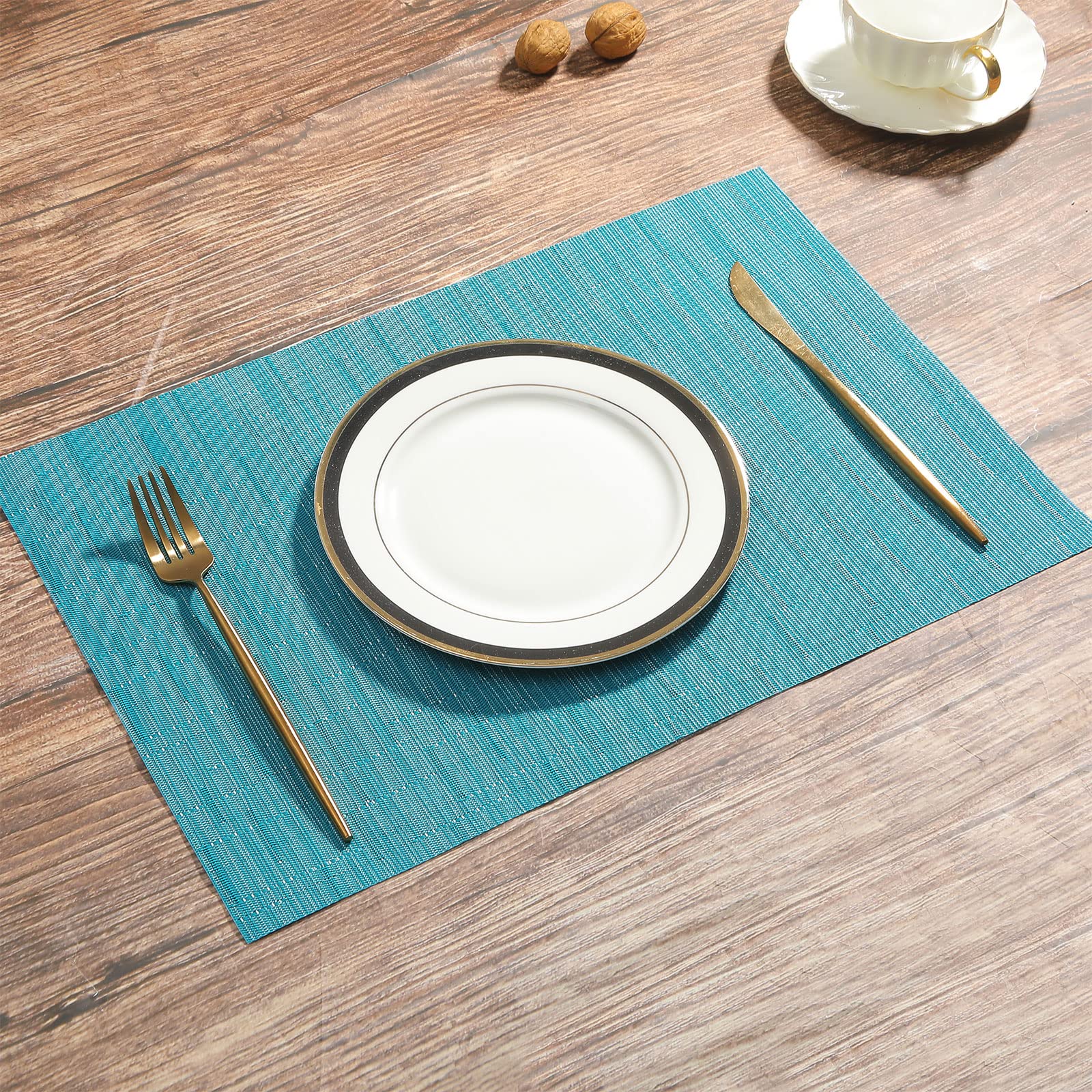 SHACOS Woven Vinyl Placemats Set of 4 Non Slip Heat Resistant Place Mats Durable PVC Stain Resistant Wipe Clean Indoor Outdoor Table Mats (4, Teal Blue) - Image 5