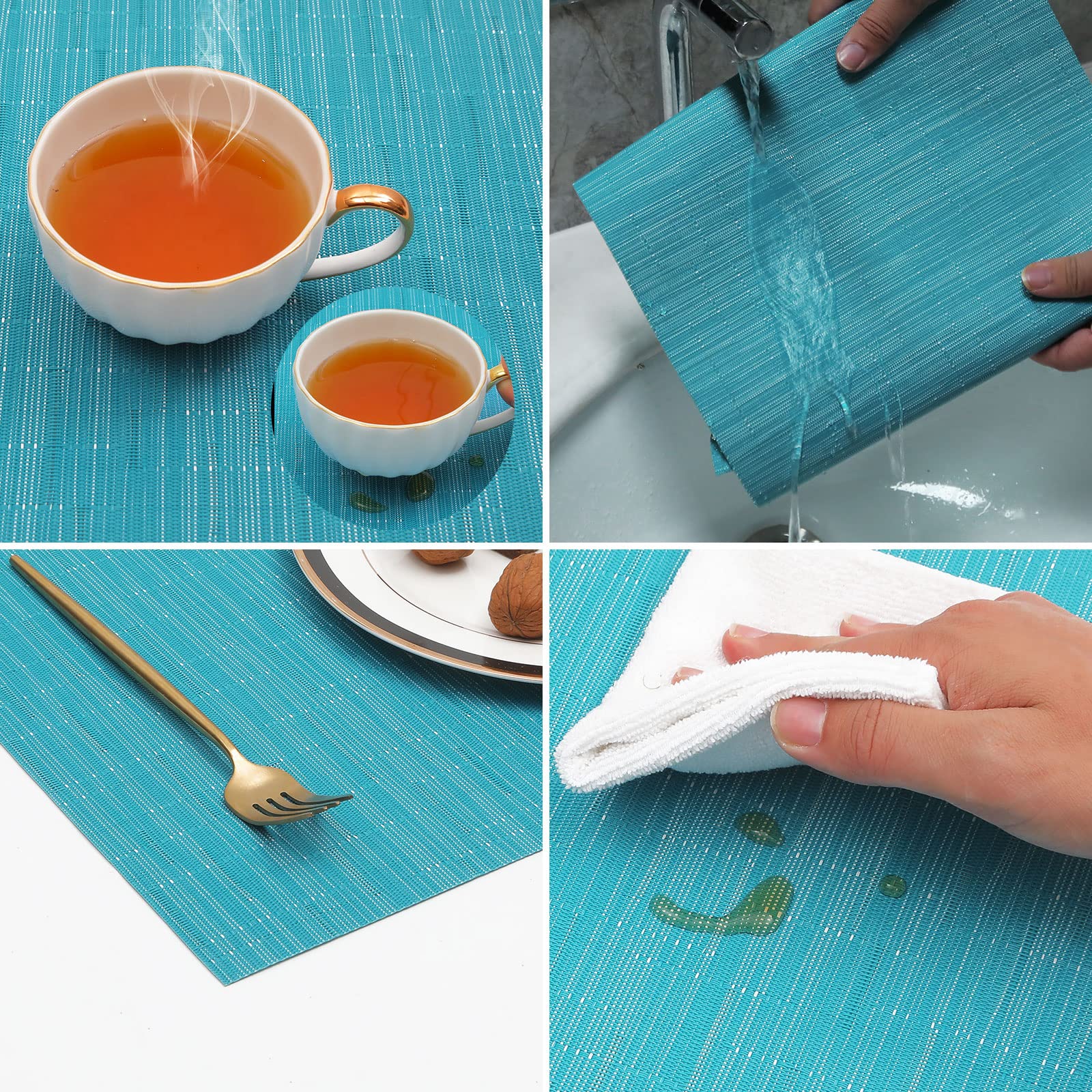 SHACOS Woven Vinyl Placemats Set of 4 Non Slip Heat Resistant Place Mats Durable PVC Stain Resistant Wipe Clean Indoor Outdoor Table Mats (4, Teal Blue) - Image 8