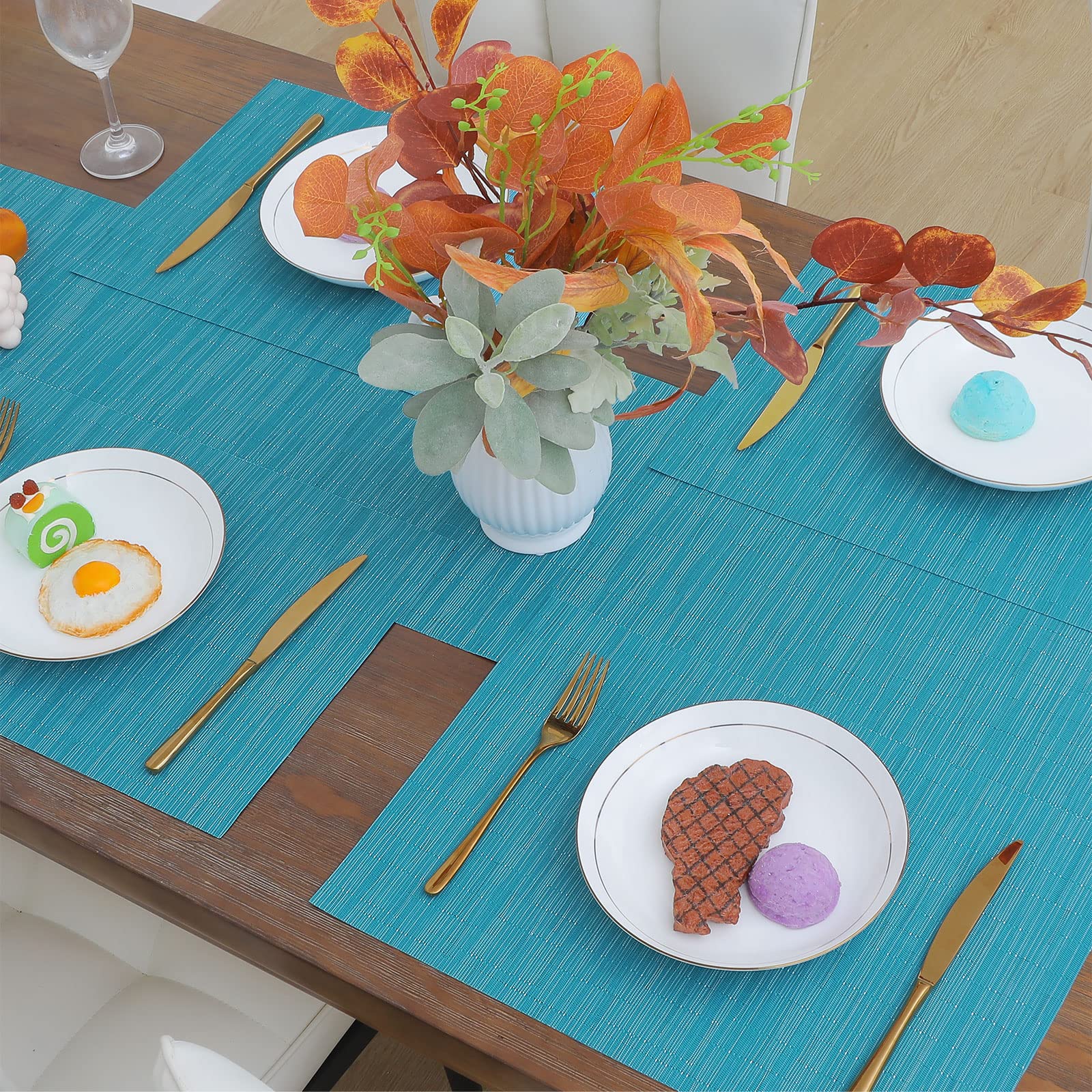 SHACOS Woven Vinyl Placemats Set of 4 Non Slip Heat Resistant Place Mats Durable PVC Stain Resistant Wipe Clean Indoor Outdoor Table Mats (4, Teal Blue) - Image 9